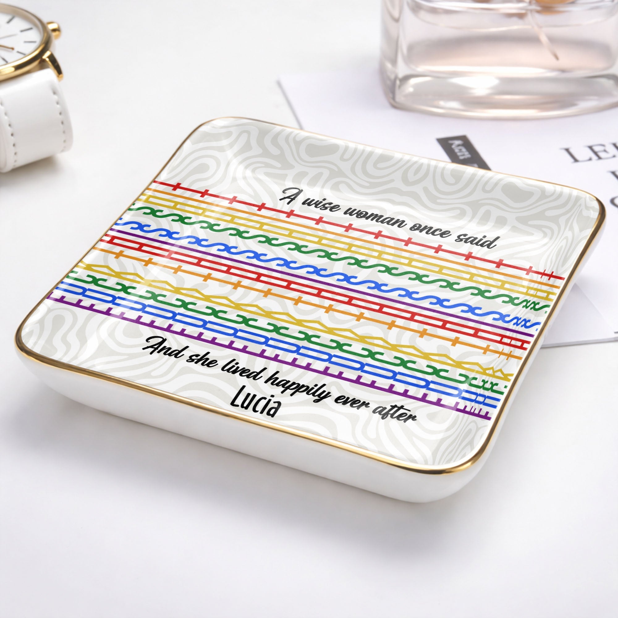 A Wise Woman Once Said And She Lived Happily Ever After Colorful Pattern - Personalized Custom Jewelry Dish, Ceramic Dish, Square Shape - DTG039_SCRF