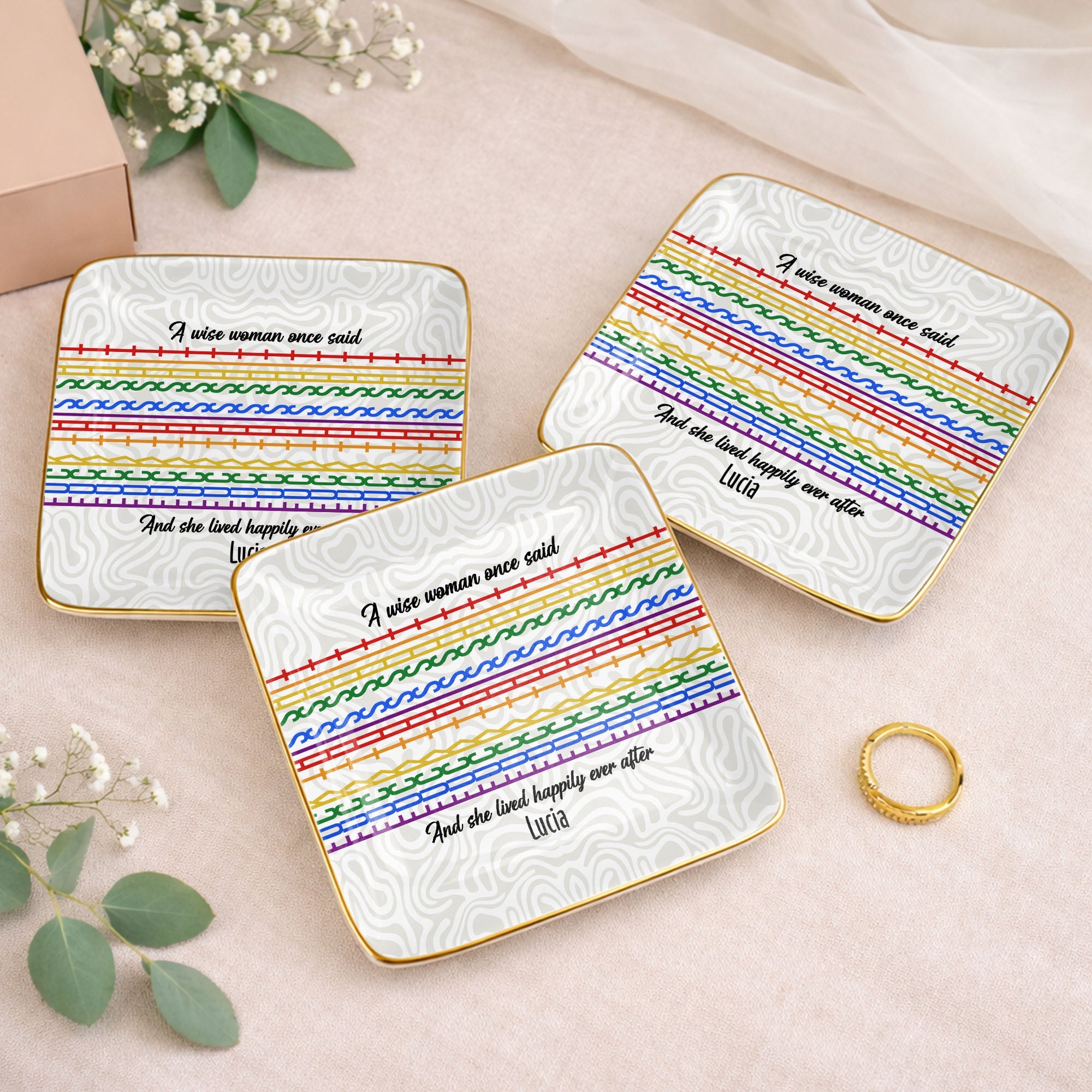 A Wise Woman Once Said And She Lived Happily Ever After Colorful Pattern - Personalized Custom Jewelry Dish, Ceramic Dish, Square Shape - DTG039_SCRF