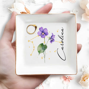 Colorful Flowers With Constellation Design Personalized Dish - Personalized Custom Jewelry Dish, Square Ceramic Dish - DTG041_SCRD