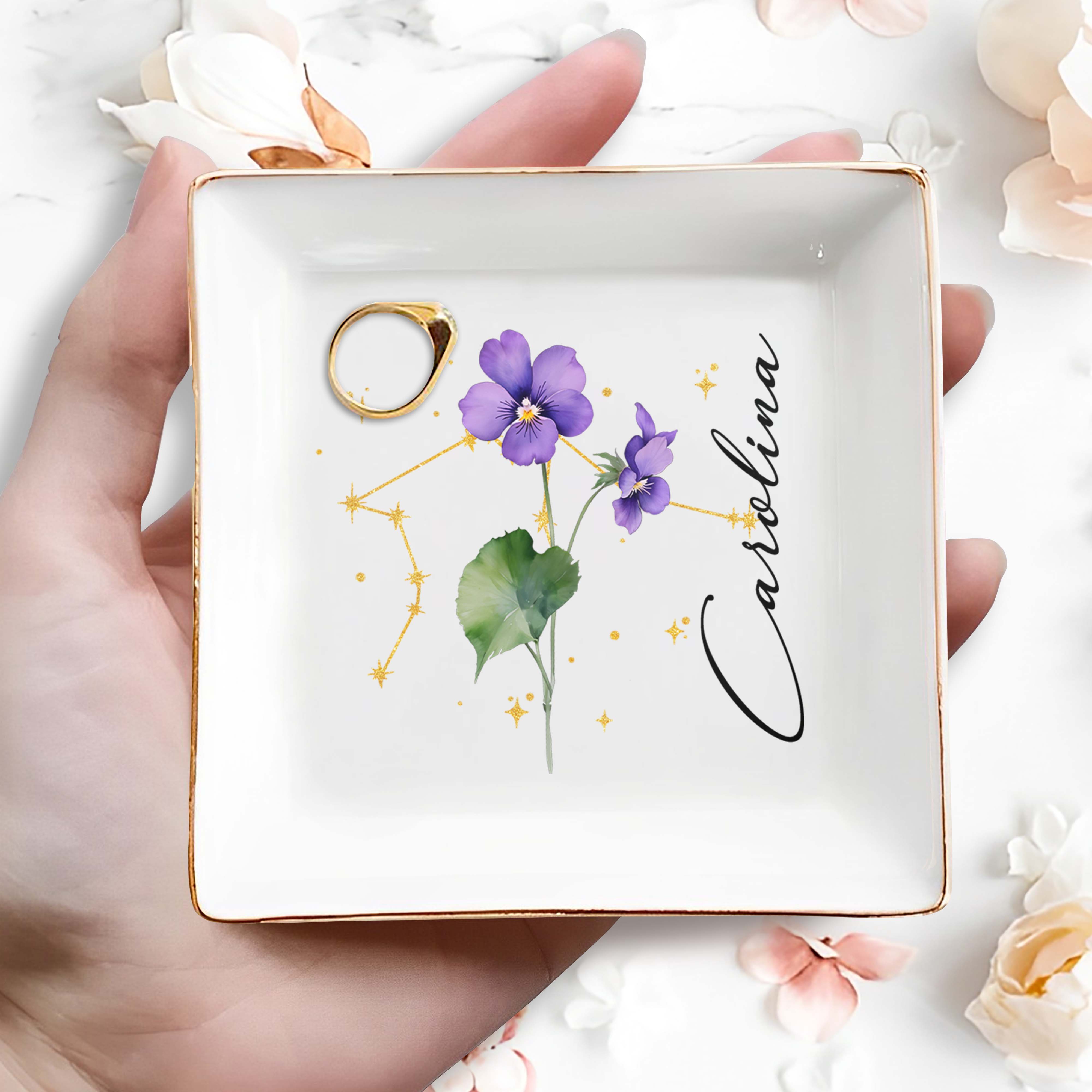 Colorful Flowers With Constellation Design Personalized Dish - Personalized Custom Jewelry Dish, Square Ceramic Dish - DTG041_SCRD