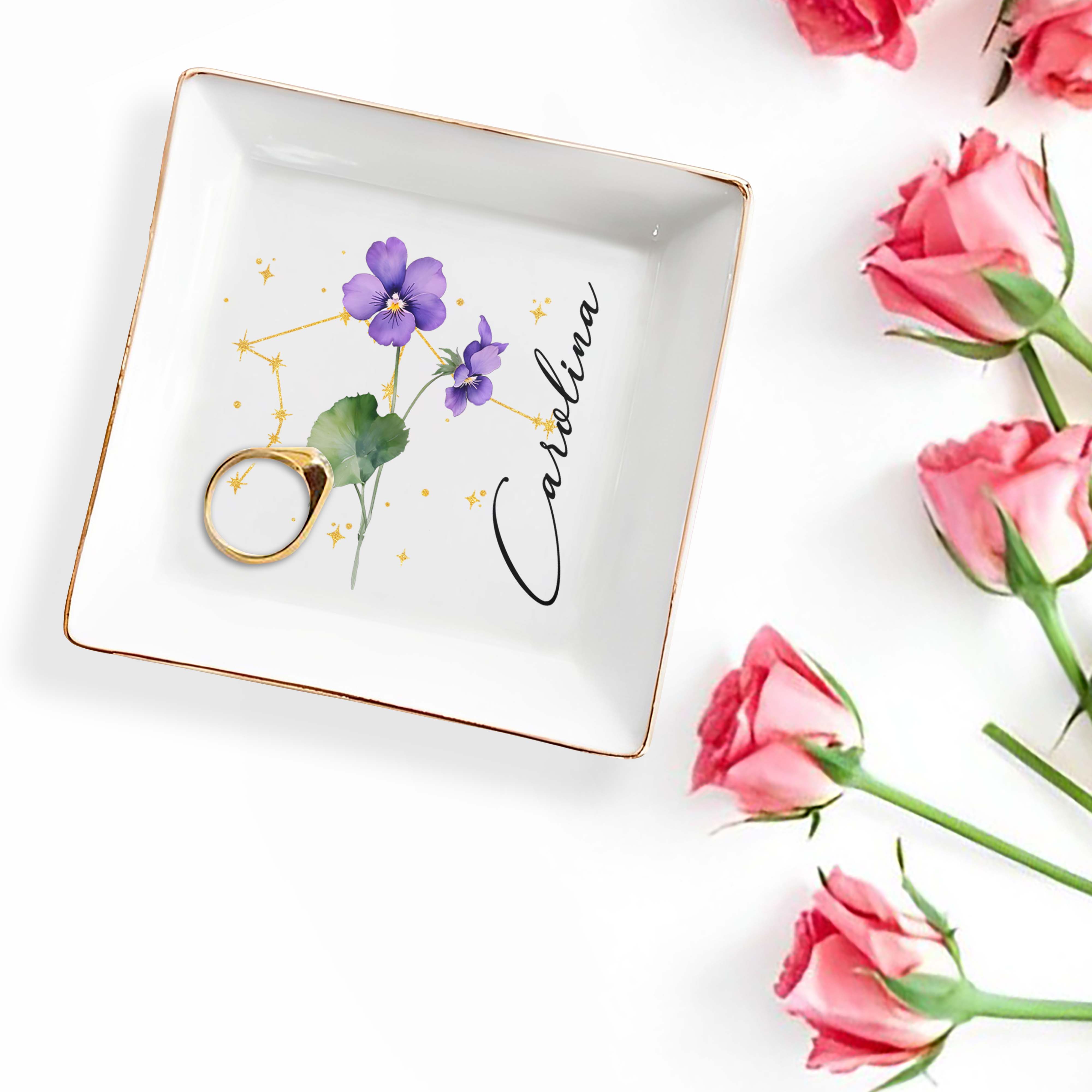 Colorful Flowers With Constellation Design Personalized Dish - Personalized Custom Jewelry Dish, Square Ceramic Dish - DTG041_SCRD