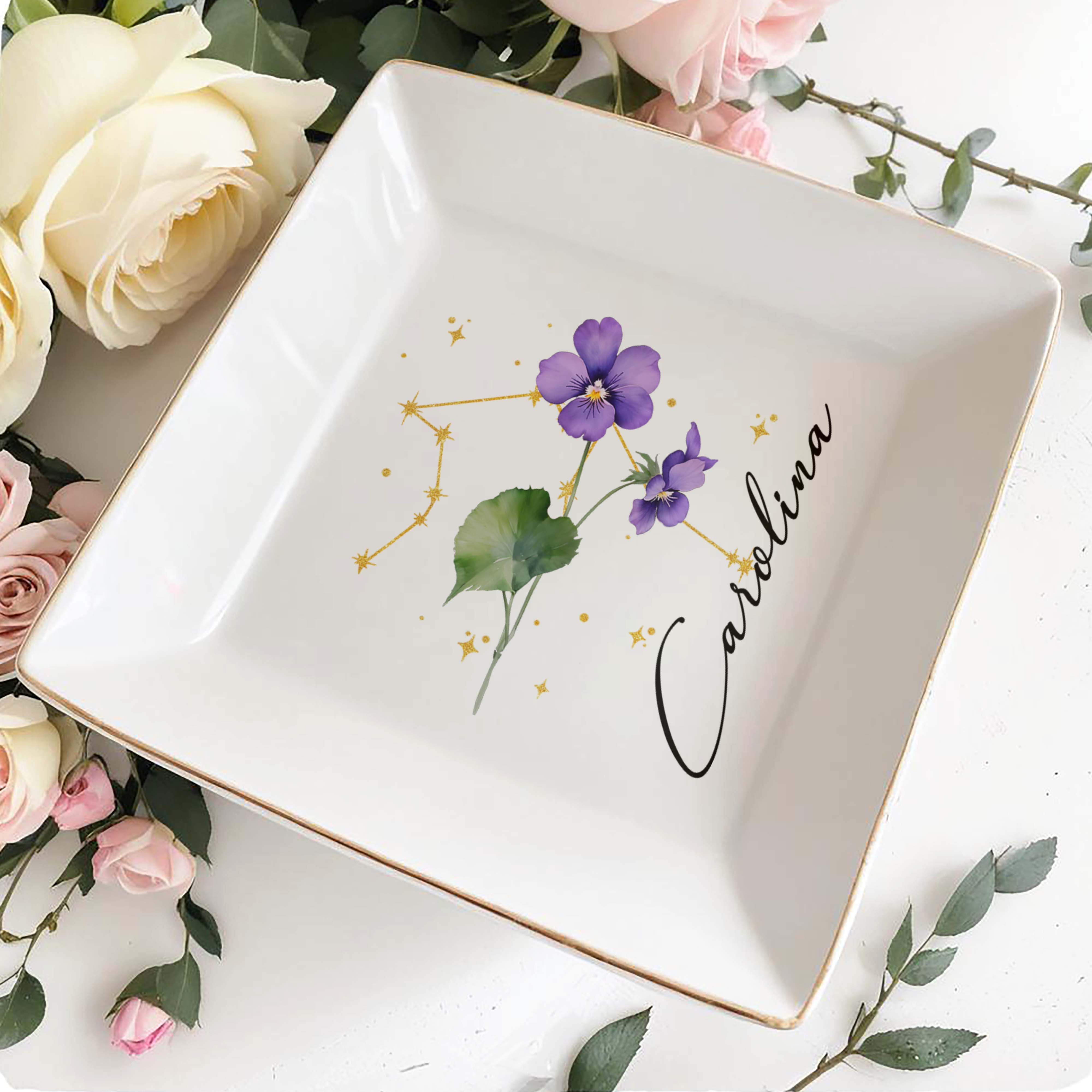 Colorful Flowers With Constellation Design Personalized Dish - Personalized Custom Jewelry Dish, Square Ceramic Dish - DTG041_SCRD