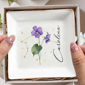 Colorful Flowers With Constellation Design Personalized Dish - Personalized Custom Jewelry Dish, Square Ceramic Dish - DTG041_SCRD