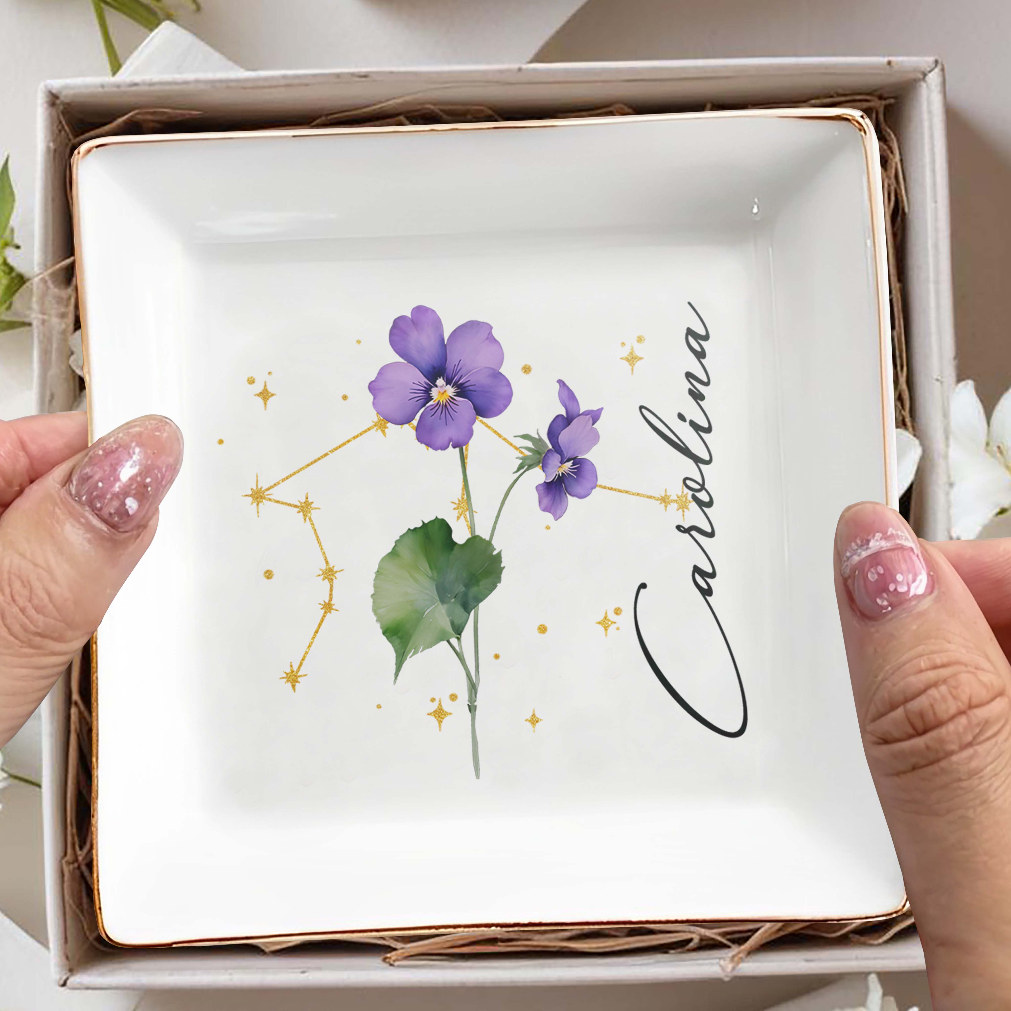 Colorful Flowers With Constellation Design Personalized Dish - Personalized Custom Jewelry Dish, Square Ceramic Dish - DTG041_SCRD