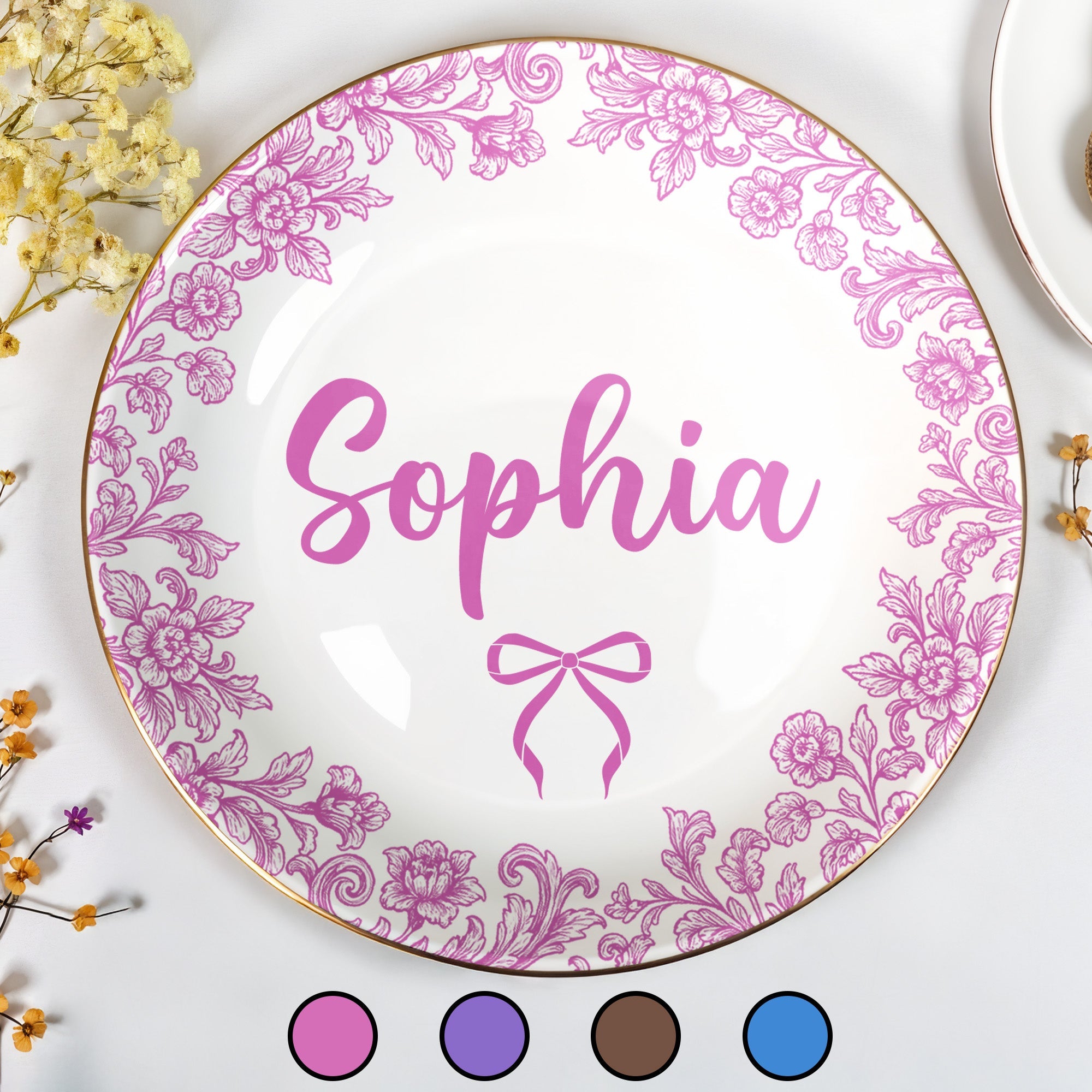 Personalize With Your Special Message, Flowers And Bow - Personalized Custom Jewelry Dish, Ceramic Dish, Round Shape - DTG042_RCRF