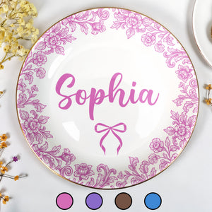 Personalize With Your Special Message, Flowers And Bow - Personalized Custom Jewelry Dish, Ceramic Dish, Round Shape - DTG042_RCRF