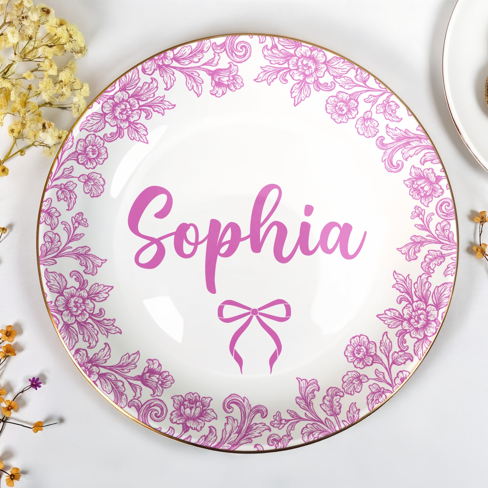 Personalize With Your Special Message, Flowers And Bow - Personalized Custom Jewelry Dish, Ceramic Dish, Round Shape - DTG042_RCRF