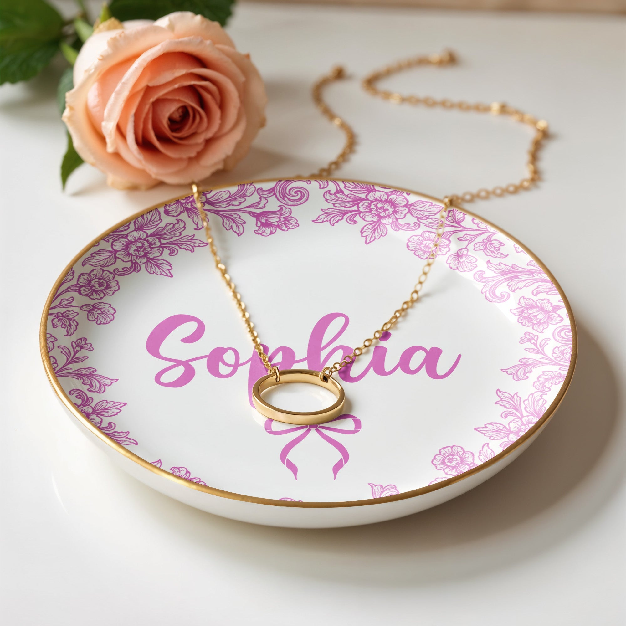 Personalize With Your Special Message, Flowers And Bow - Personalized Custom Jewelry Dish, Ceramic Dish, Round Shape - DTG042_RCRF