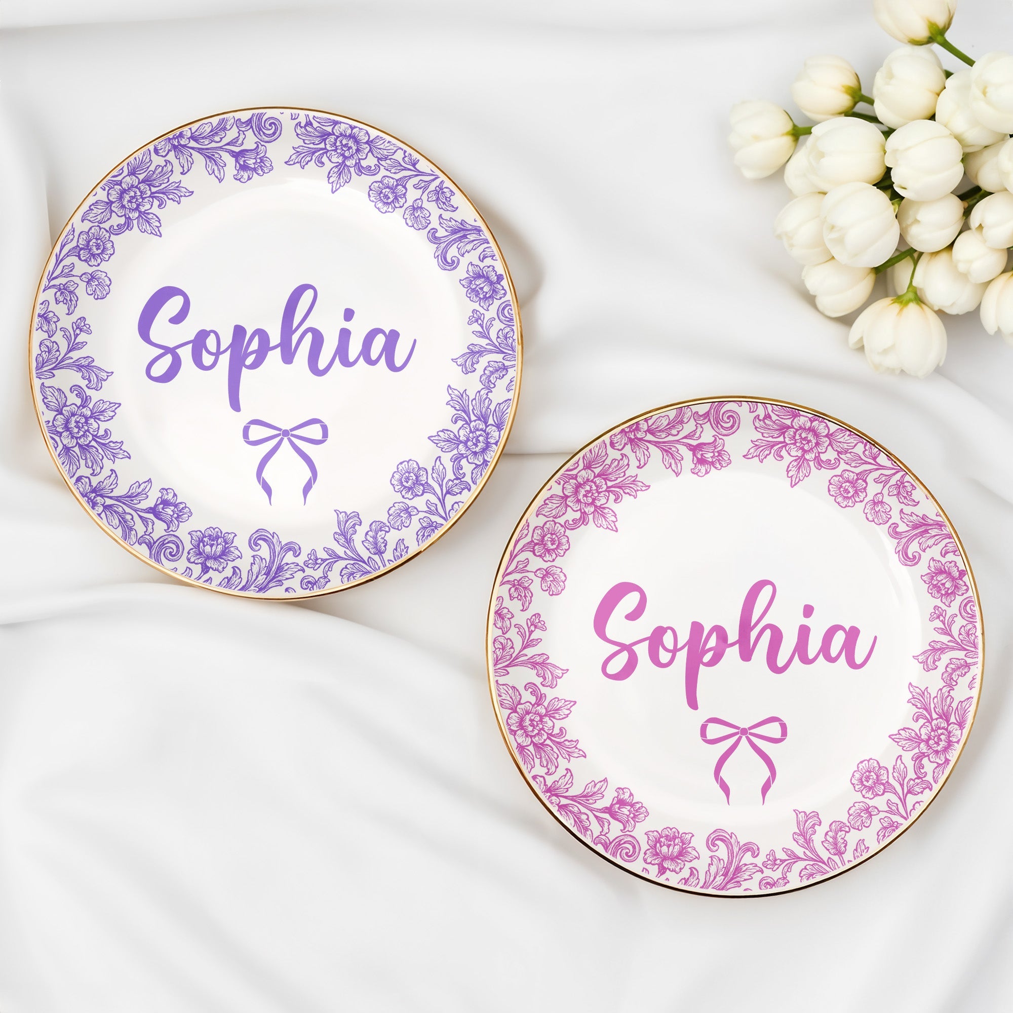 Personalize With Your Special Message, Flowers And Bow - Personalized Custom Jewelry Dish, Ceramic Dish, Round Shape - DTG042_RCRF