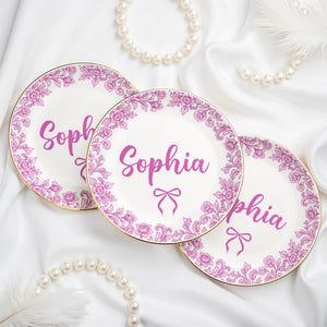 Personalize With Your Special Message, Flowers And Bow - Personalized Custom Jewelry Dish, Ceramic Dish, Round Shape - DTG042_RCRF