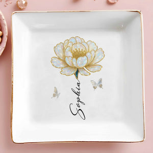 Elegant Custom Jewelry Dish With Flower And Butterflies - Personalized Custom Jewelry Dish, Square Ceramic Dish - DTG043_SCRD