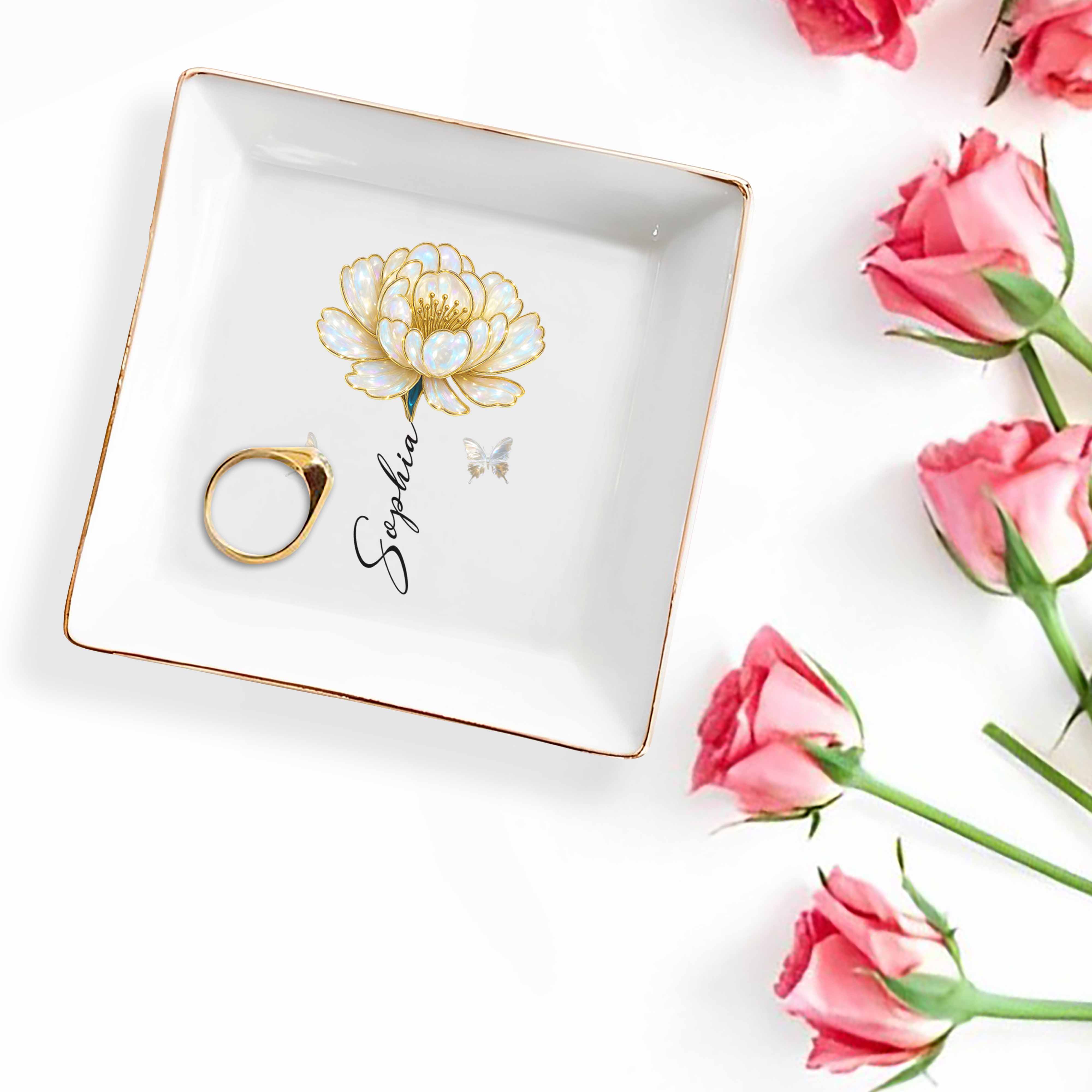 Elegant Custom Jewelry Dish With Flower And Butterflies - Personalized Custom Jewelry Dish, Square Ceramic Dish - DTG043_SCRD
