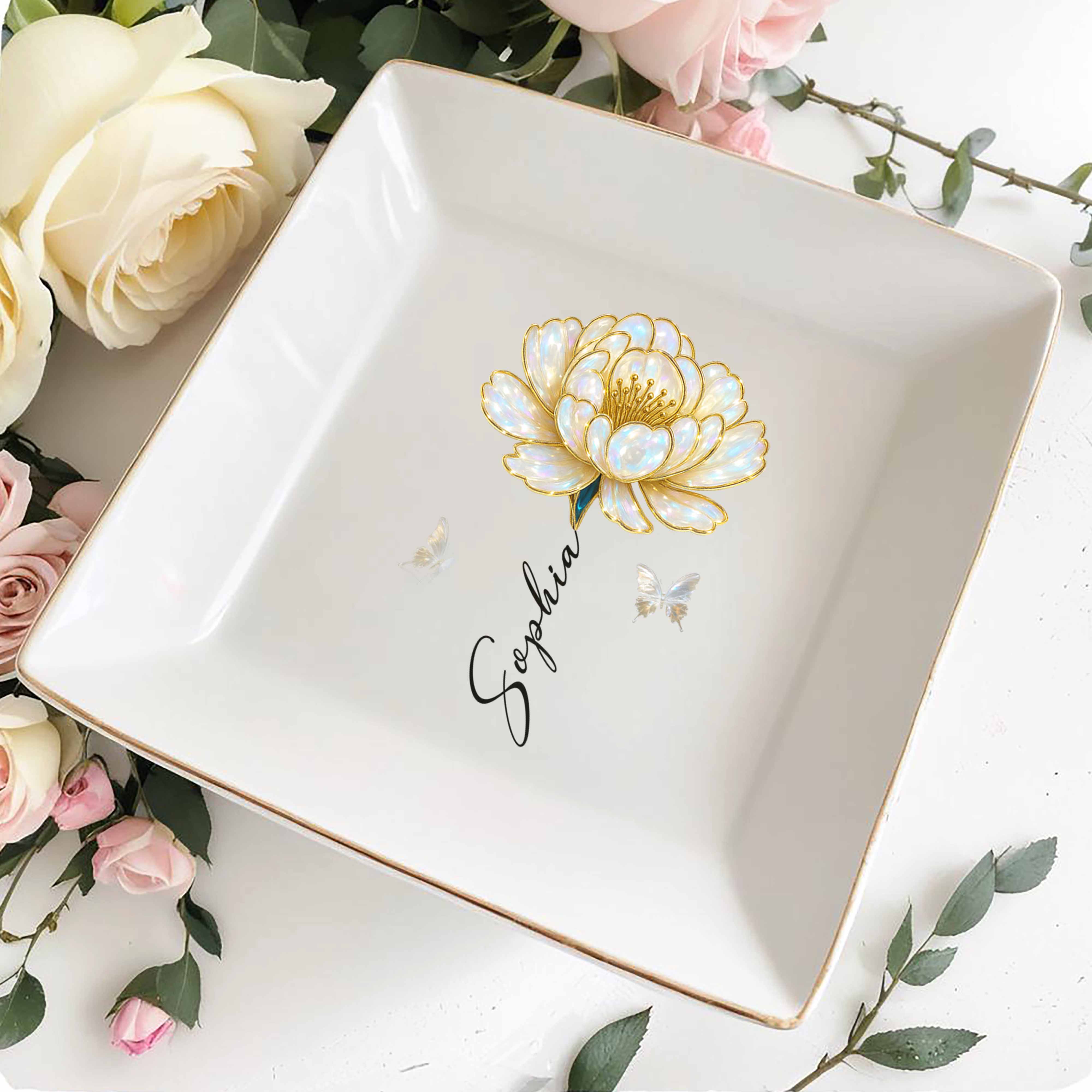 Elegant Custom Jewelry Dish With Flower And Butterflies - Personalized Custom Jewelry Dish, Square Ceramic Dish - DTG043_SCRD