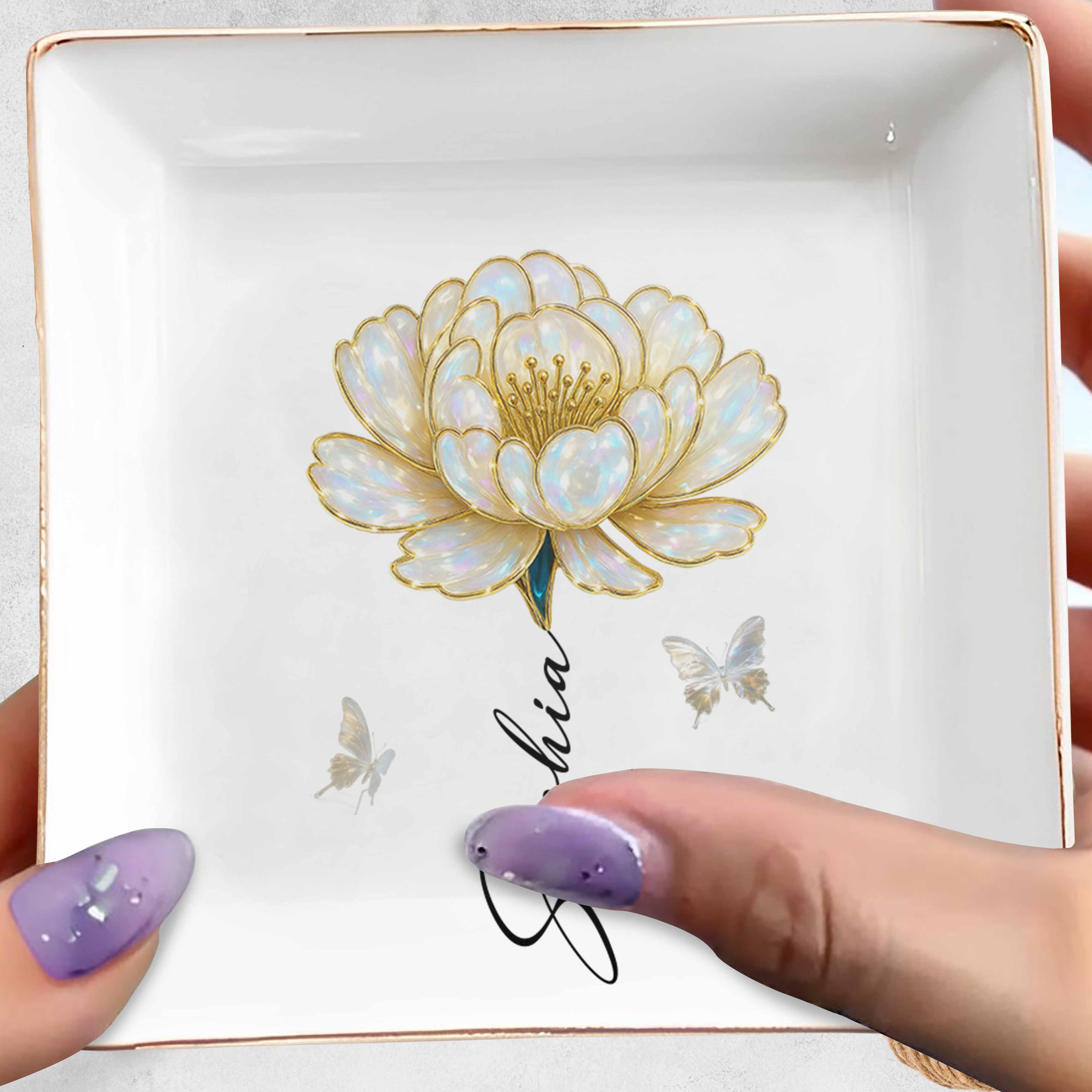 Elegant Custom Jewelry Dish With Flower And Butterflies - Personalized Custom Jewelry Dish, Square Ceramic Dish - DTG043_SCRD