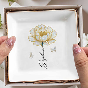 Elegant Custom Jewelry Dish With Flower And Butterflies - Personalized Custom Jewelry Dish, Square Ceramic Dish - DTG043_SCRD