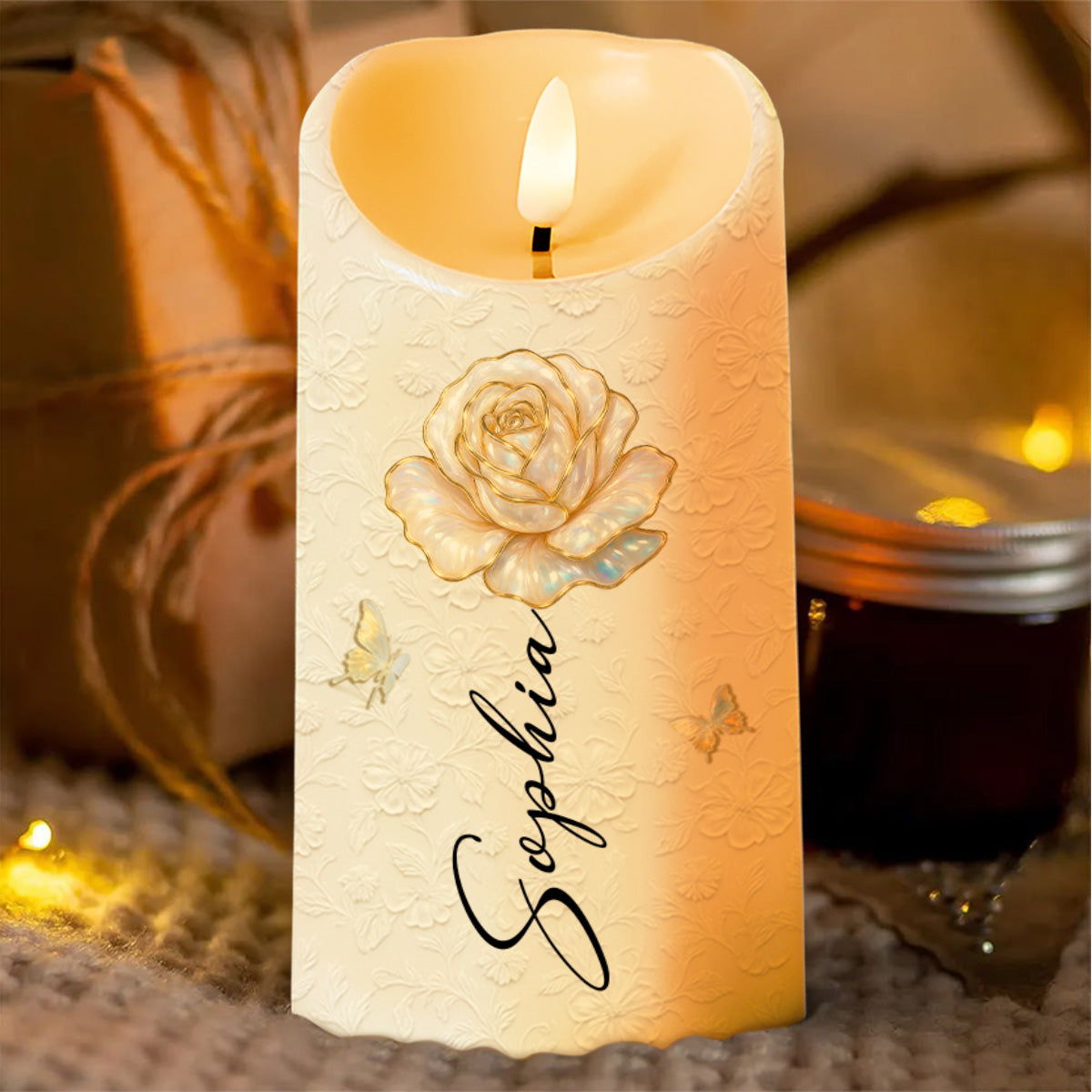 Customize Your Special Moment With Rose And Butterfly - Personalized Custom LED Candle - DTG044_LECA