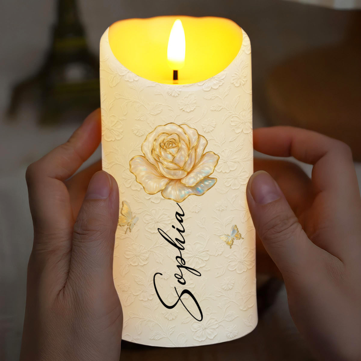 Customize Your Special Moment With Rose And Butterfly - Personalized Custom LED Candle - DTG044_LECA