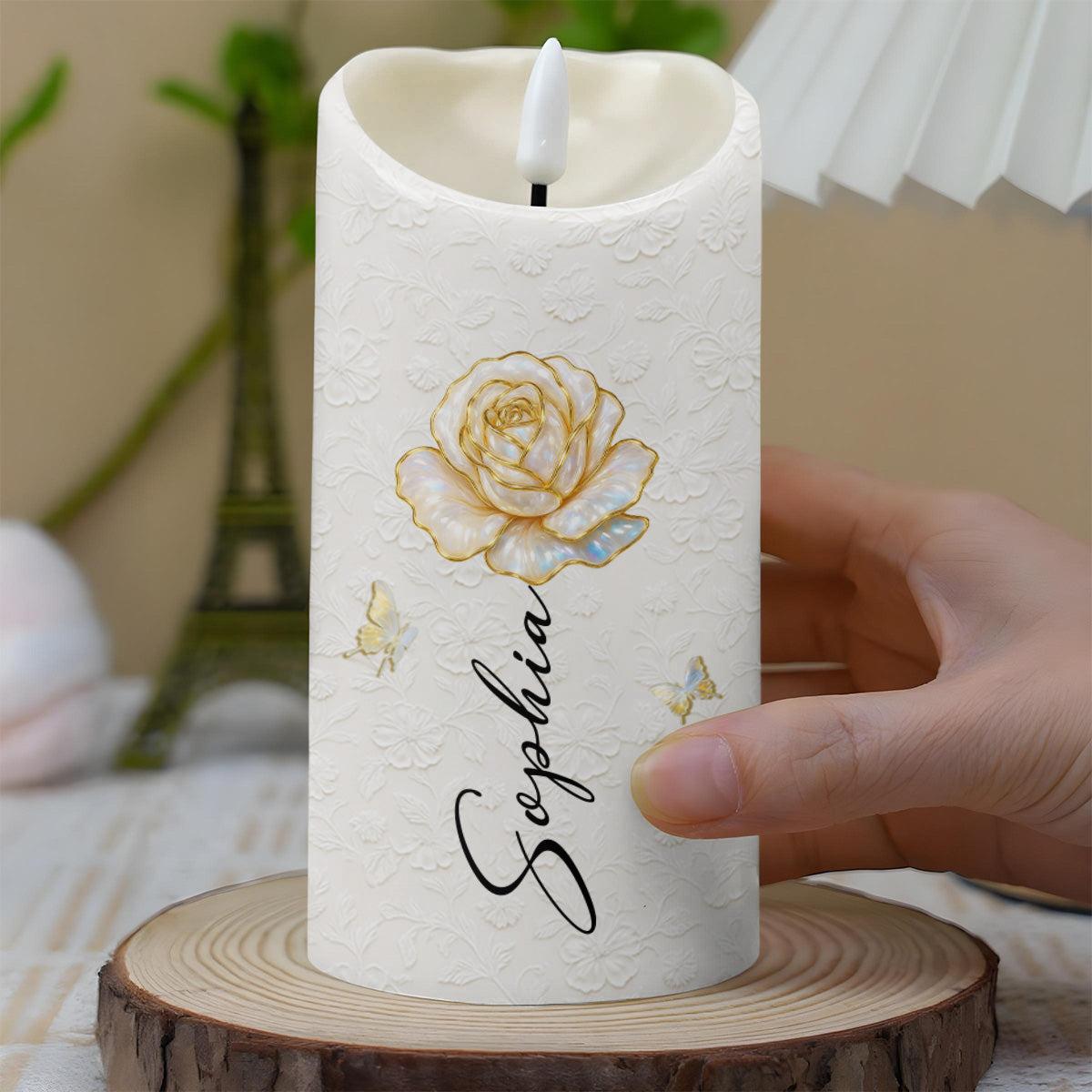 Customize Your Special Moment With Rose And Butterfly - Personalized Custom LED Candle - DTG044_LECA