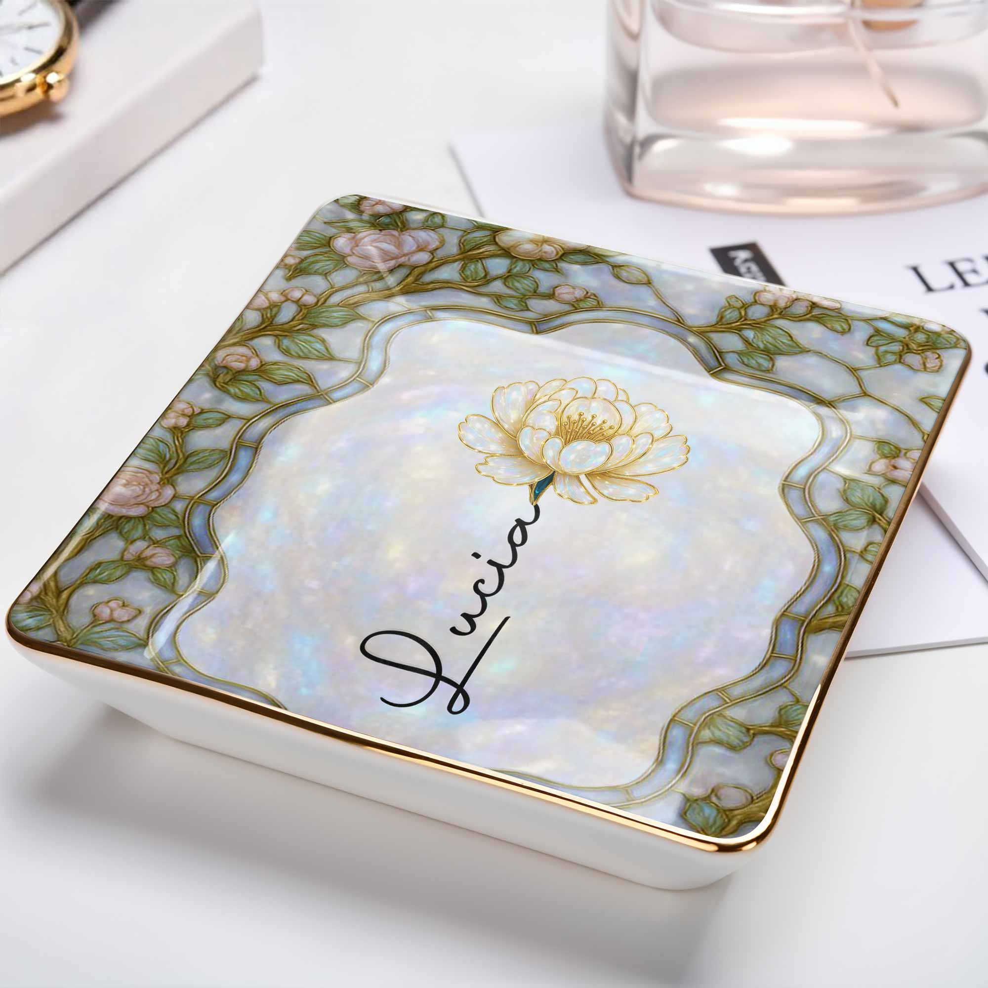Capture The Essence Of Elegance, Flowers - Personalized Custom Jewelry Dish, Ceramic Dish, Square Shape - DTG045_SCRF