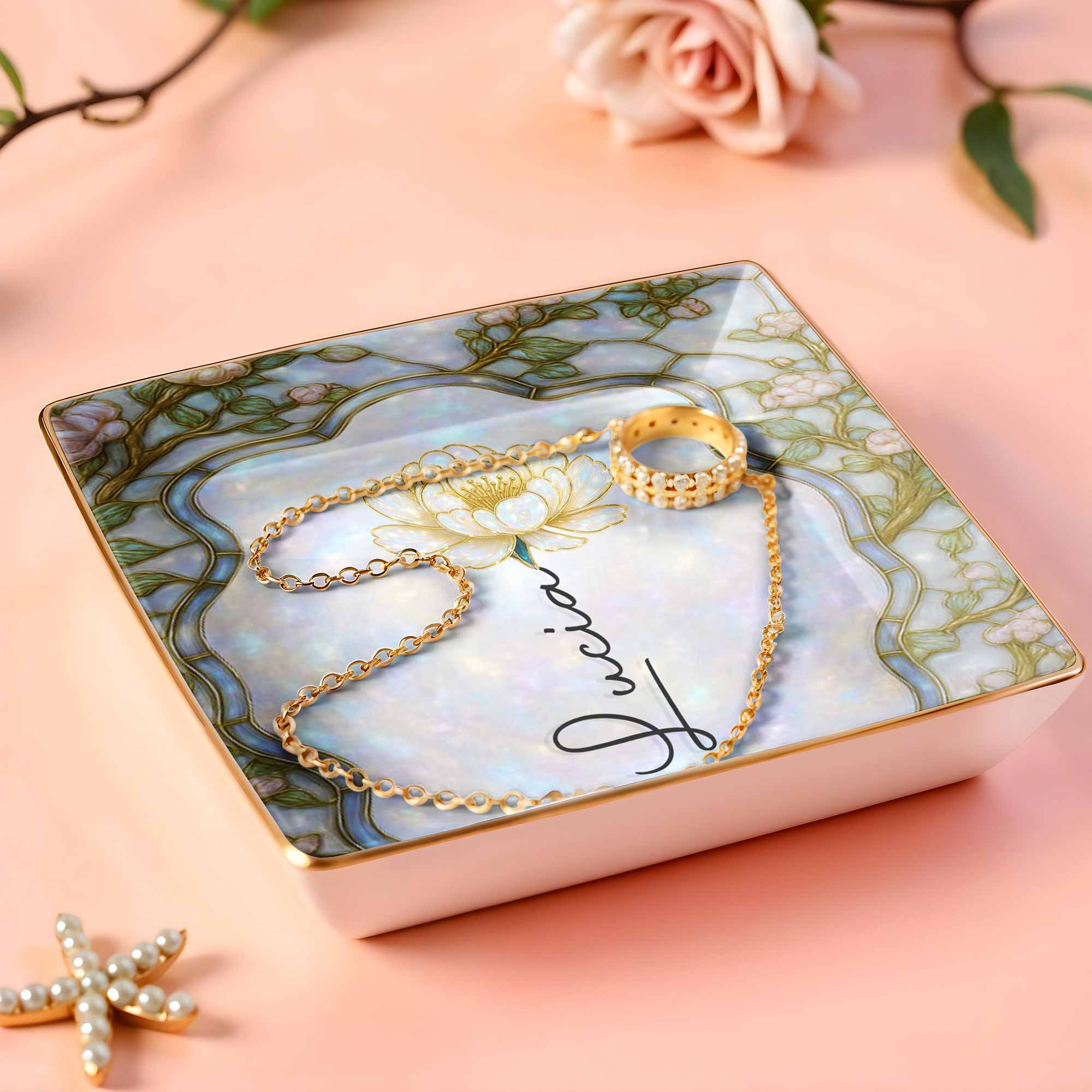 Capture The Essence Of Elegance, Flowers - Personalized Custom Jewelry Dish, Ceramic Dish, Square Shape - DTG045_SCRF