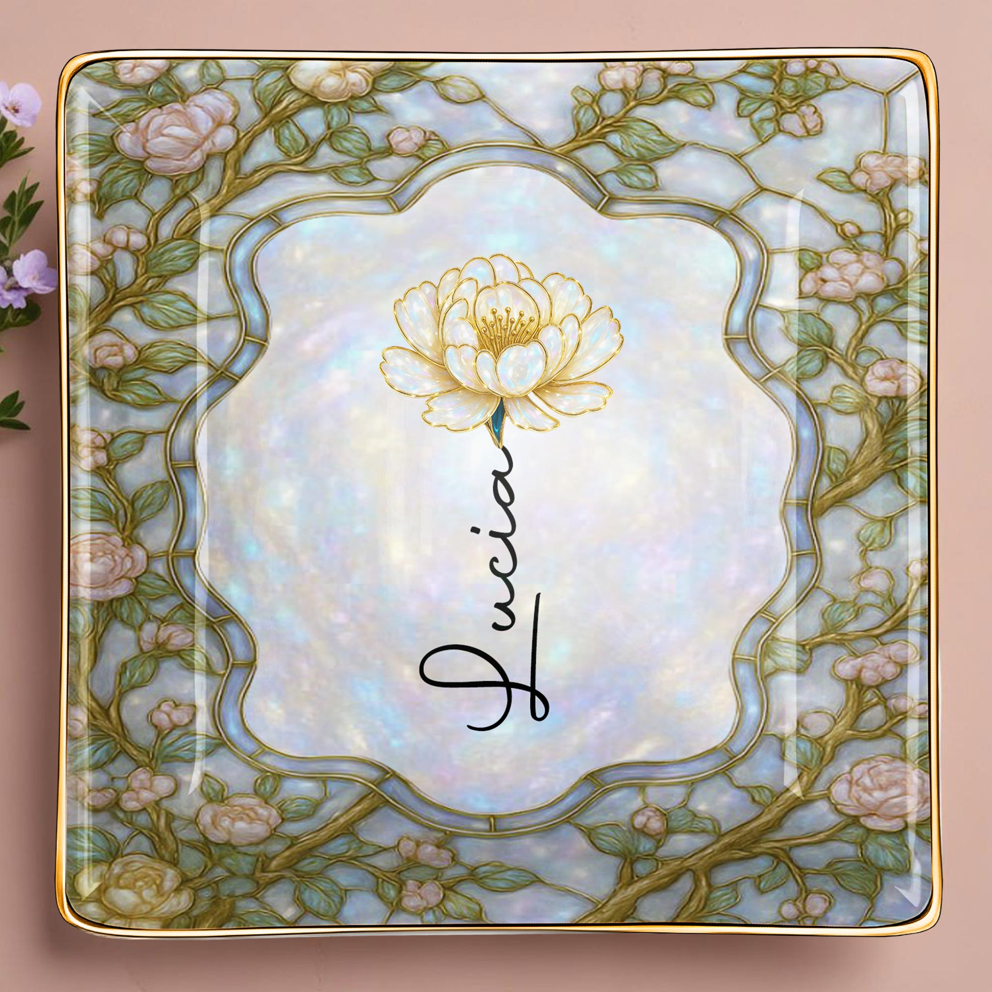 Capture The Essence Of Elegance, Flowers - Personalized Custom Jewelry Dish, Ceramic Dish, Square Shape - DTG045_SCRF