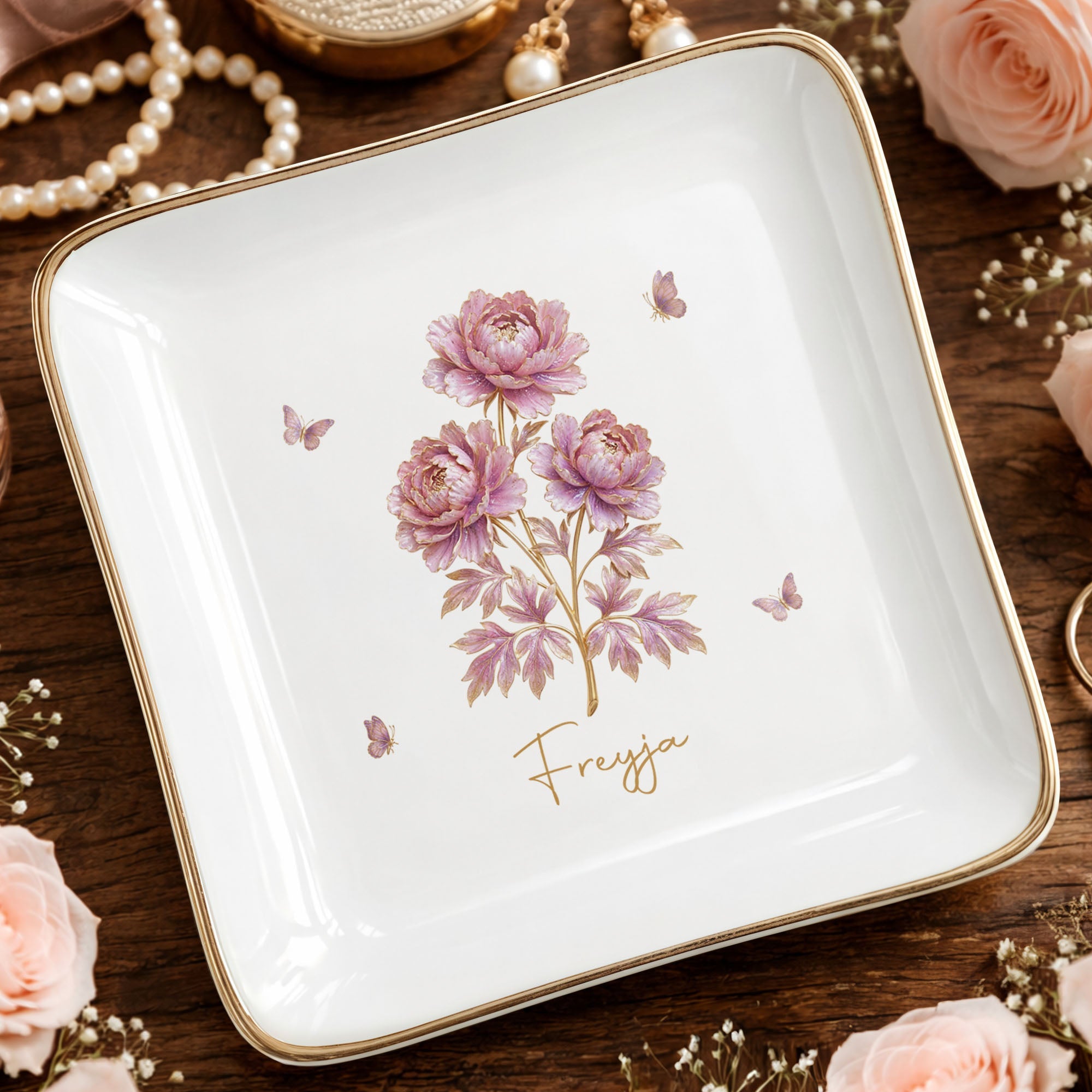 Celebrate Beauty And Elegance With Flowers And Butterflies - Personalized Custom Jewelry Dish, Square Ceramic Dish - DTG074_SCRD