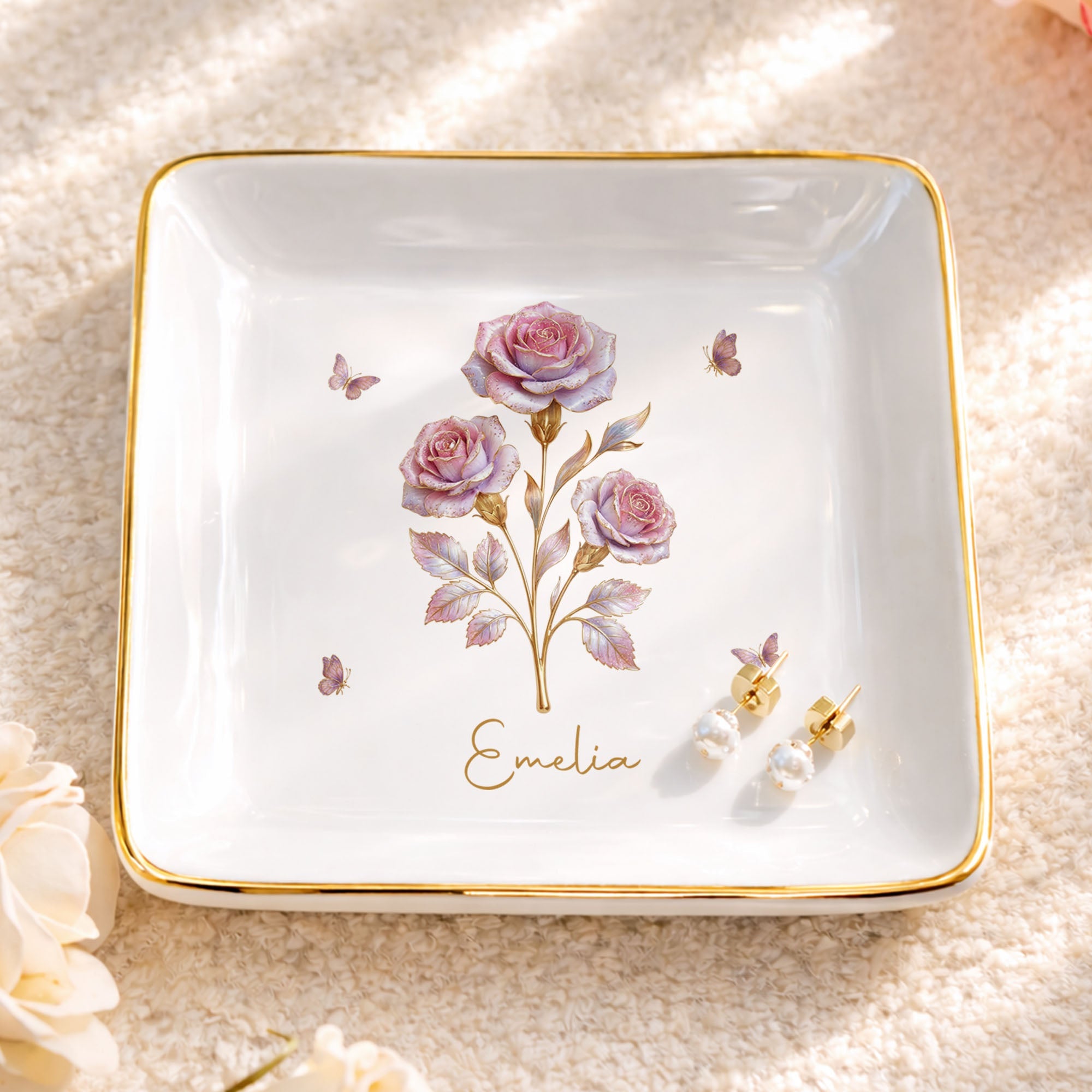 Celebrate Beauty And Elegance With Flowers And Butterflies - Personalized Custom Jewelry Dish, Square Ceramic Dish - DTG074_SCRD