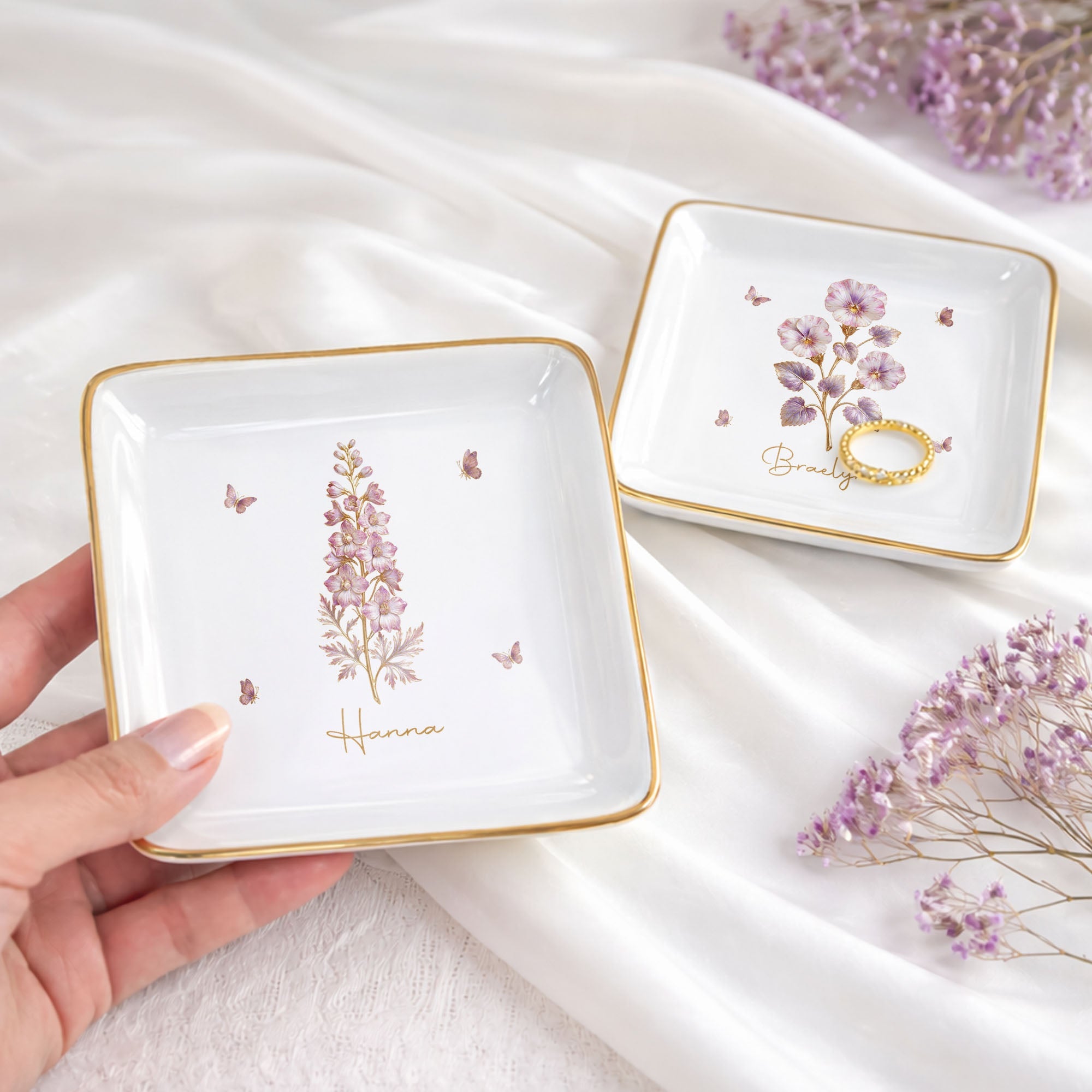 Celebrate Beauty And Elegance With Flowers And Butterflies - Personalized Custom Jewelry Dish, Square Ceramic Dish - DTG074_SCRD