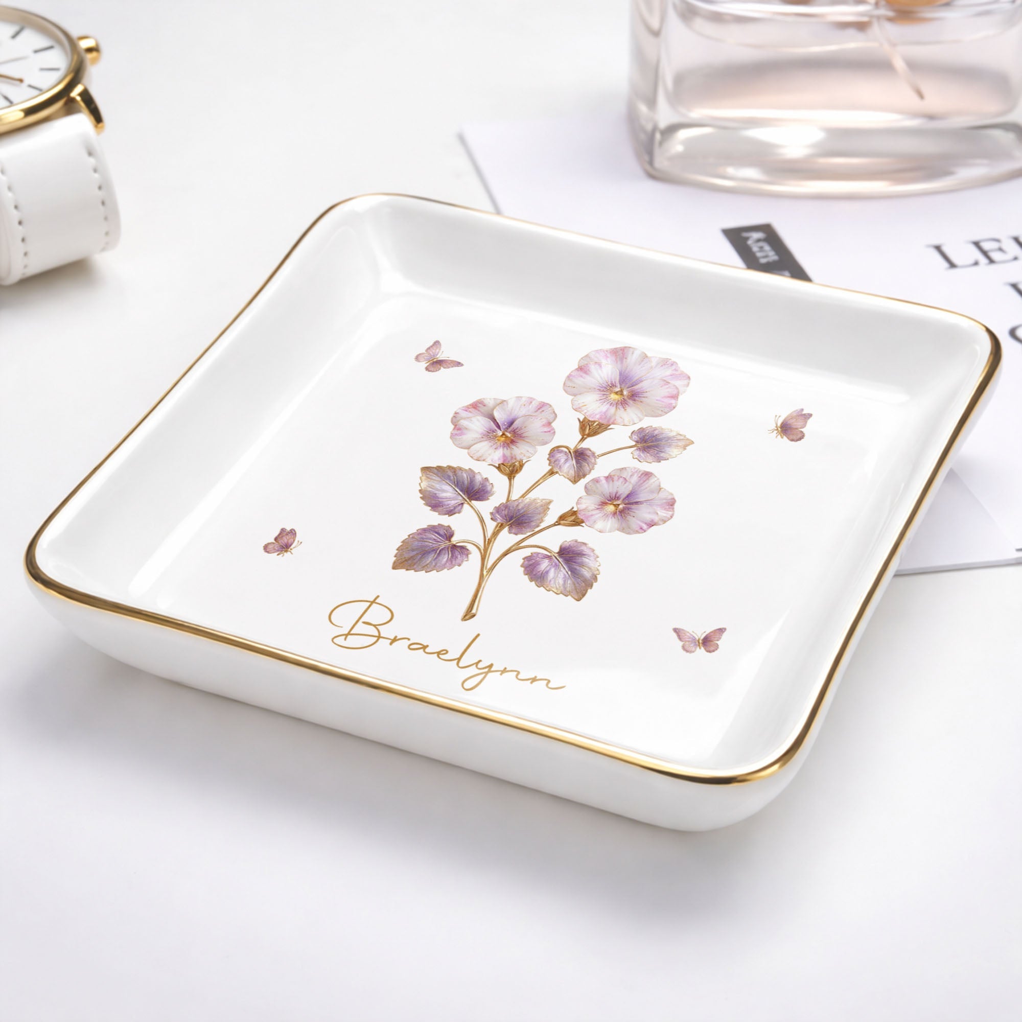 Celebrate Beauty And Elegance With Flowers And Butterflies - Personalized Custom Jewelry Dish, Square Ceramic Dish - DTG074_SCRD