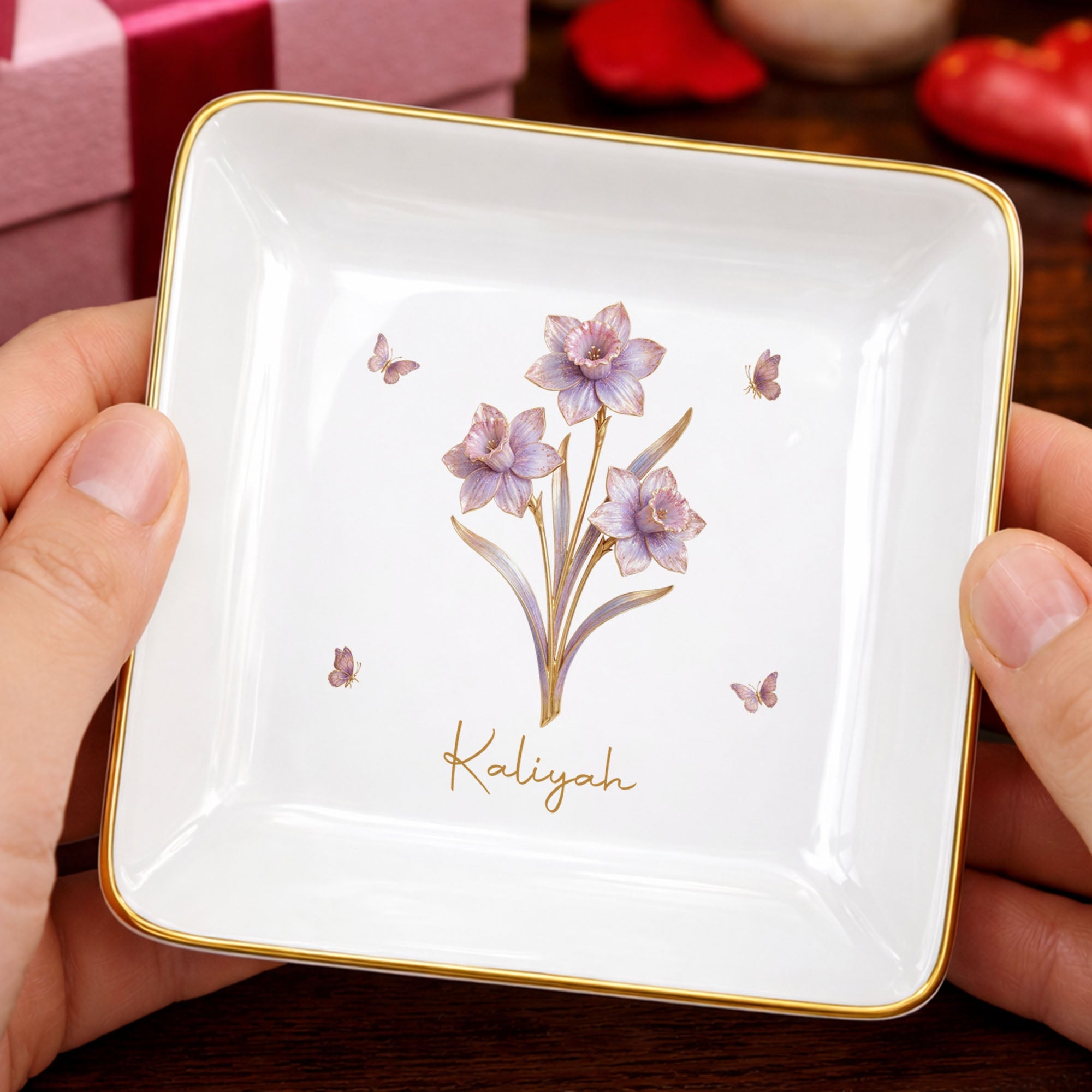 Celebrate Beauty And Elegance With Flowers And Butterflies - Personalized Custom Jewelry Dish, Square Ceramic Dish - DTG074_SCRD