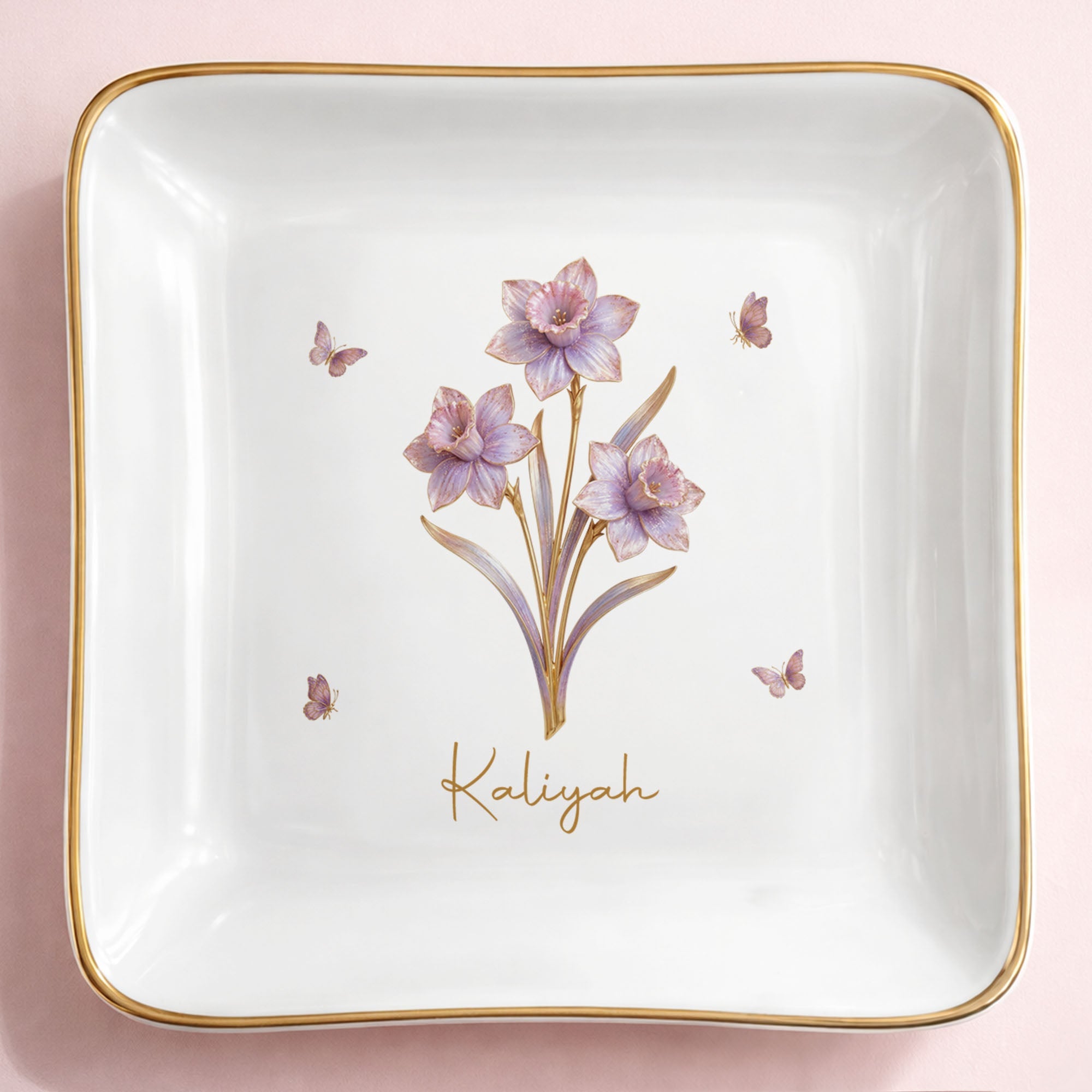Celebrate Beauty And Elegance With Flowers And Butterflies - Personalized Custom Jewelry Dish, Square Ceramic Dish - DTG074_SCRD