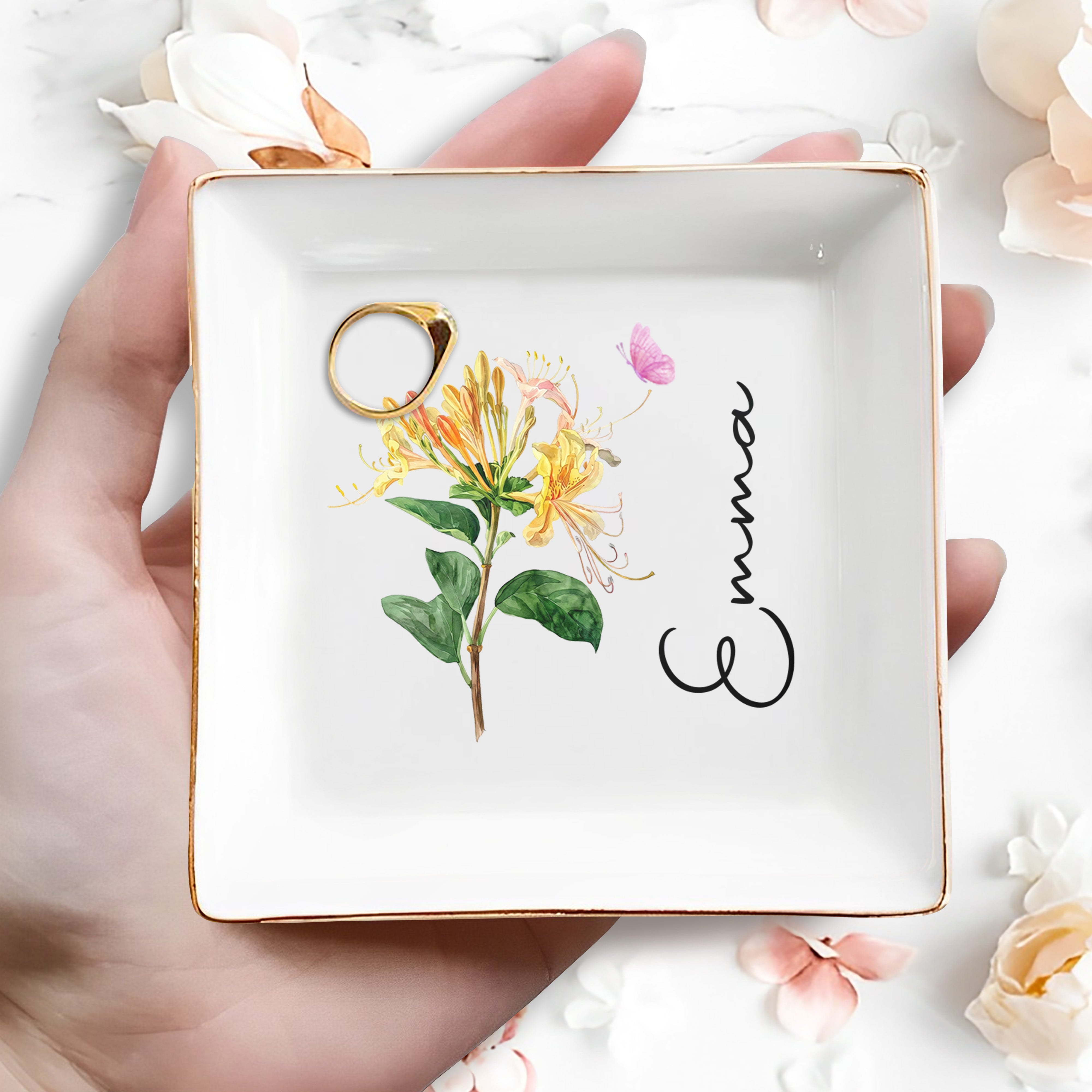Celebrate Your Special Moments With Elegant Flower And Butterfly - Personalized Custom Jewelry Dish, Square Ceramic Dish - DTG075_SCRD