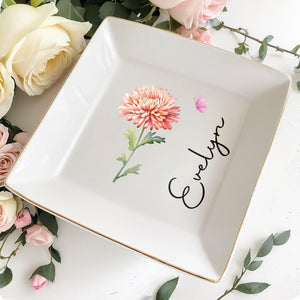 Celebrate Your Special Moments With Elegant Flower And Butterfly - Personalized Custom Jewelry Dish, Square Ceramic Dish - DTG075_SCRD