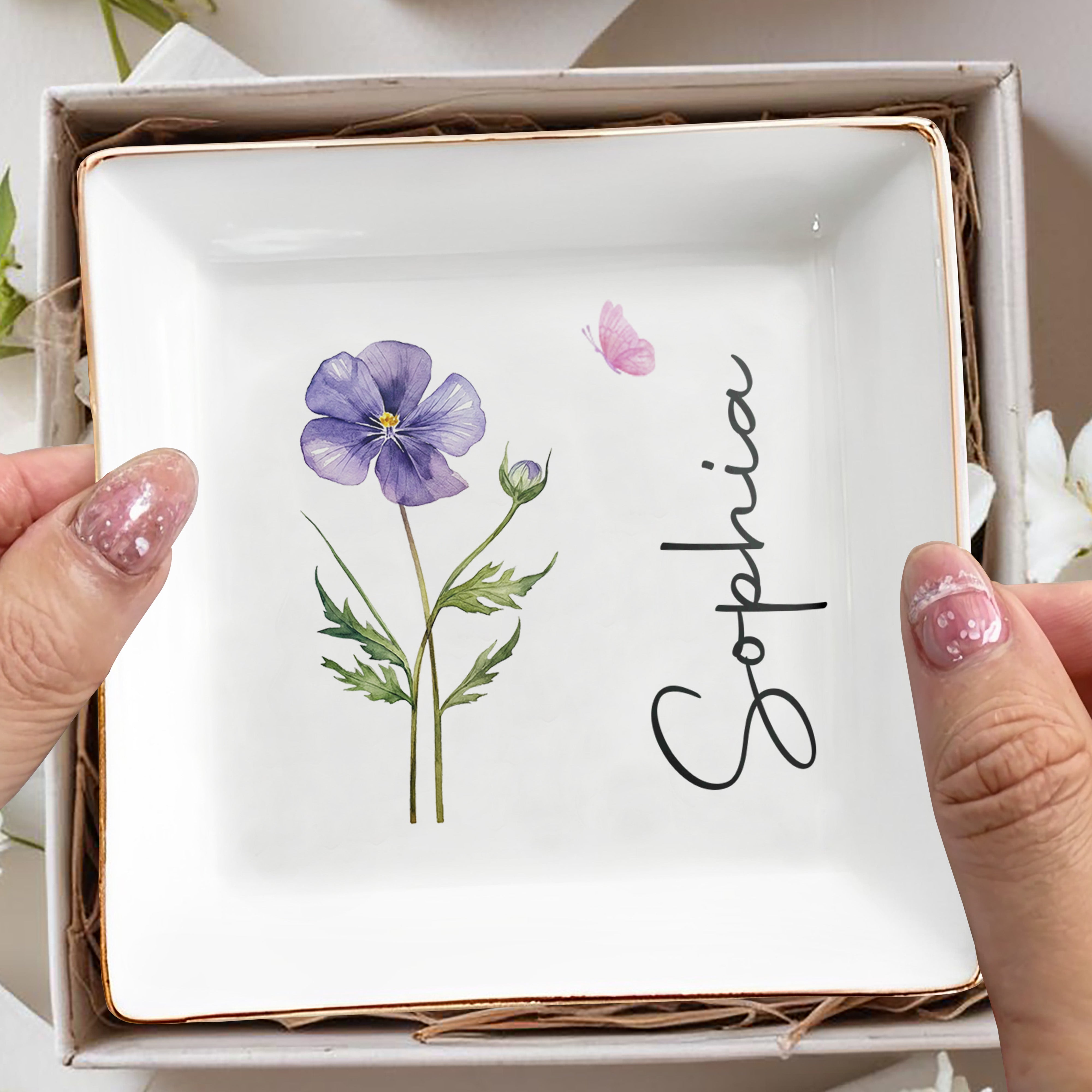 Celebrate Your Special Moments With Elegant Flower And Butterfly - Personalized Custom Jewelry Dish, Square Ceramic Dish - DTG075_SCRD