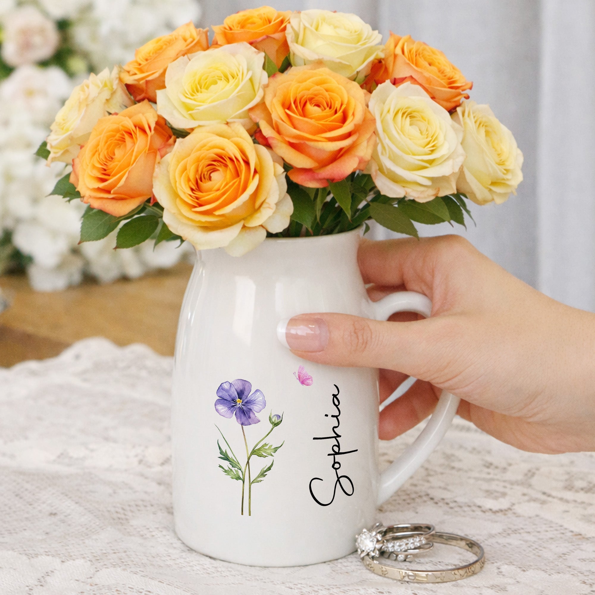 Adorn Your Home With Charm, Elegant Flowers and Butterflies Vase - Personalized Ceramic Flower Vase