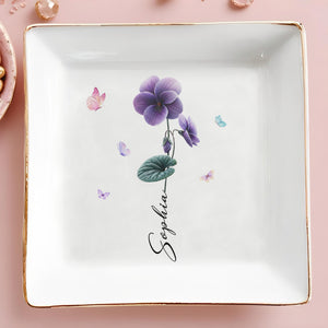 A Beautiful Purple Flower Blooming With Grace And Butterflies Jewelry Dish - Personalized Custom Jewelry Dish, Square Ceramic Dish - DTG079_SCRD