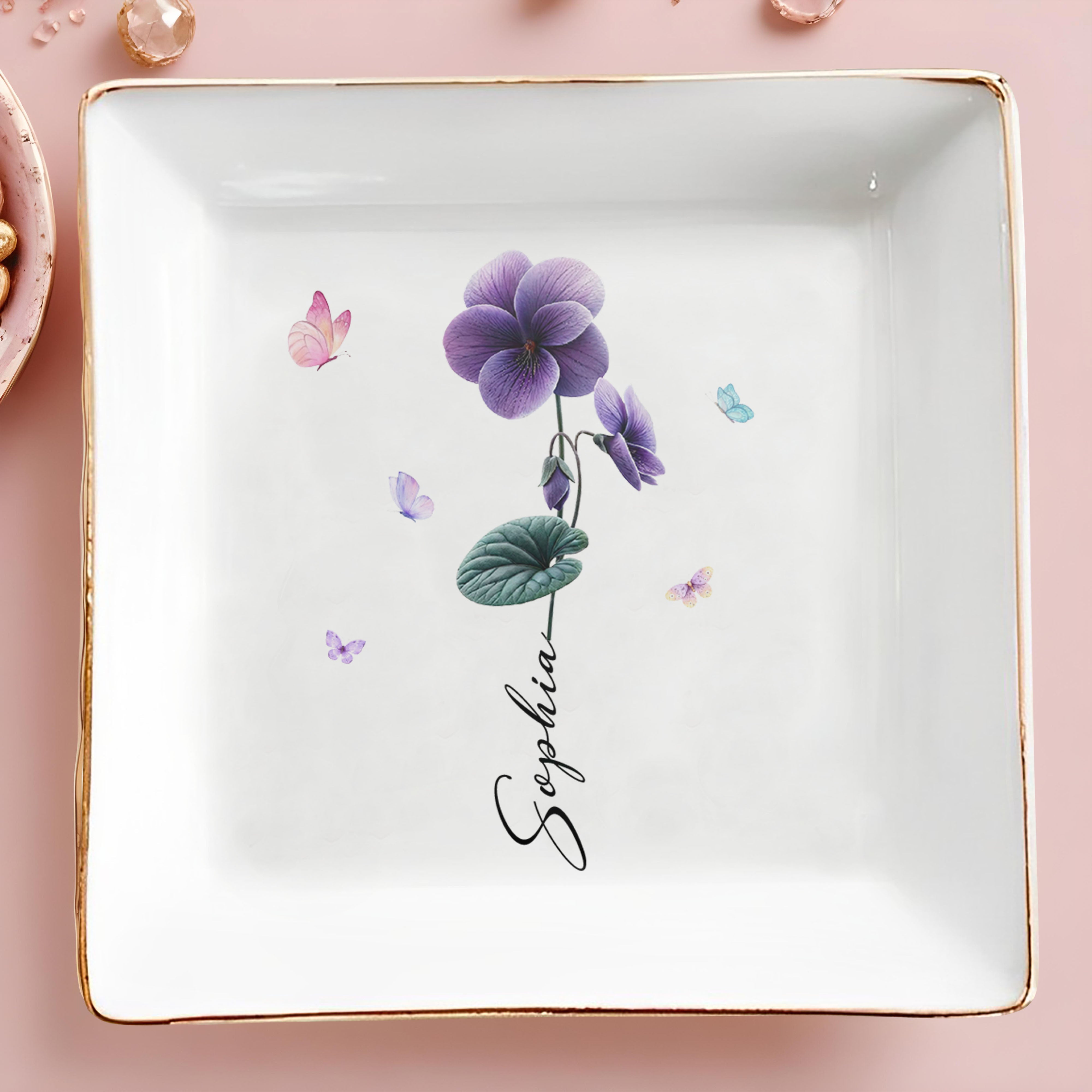 A Beautiful Purple Flower Blooming With Grace And Butterflies Jewelry Dish - Personalized Custom Jewelry Dish, Square Ceramic Dish - DTG079_SCRD