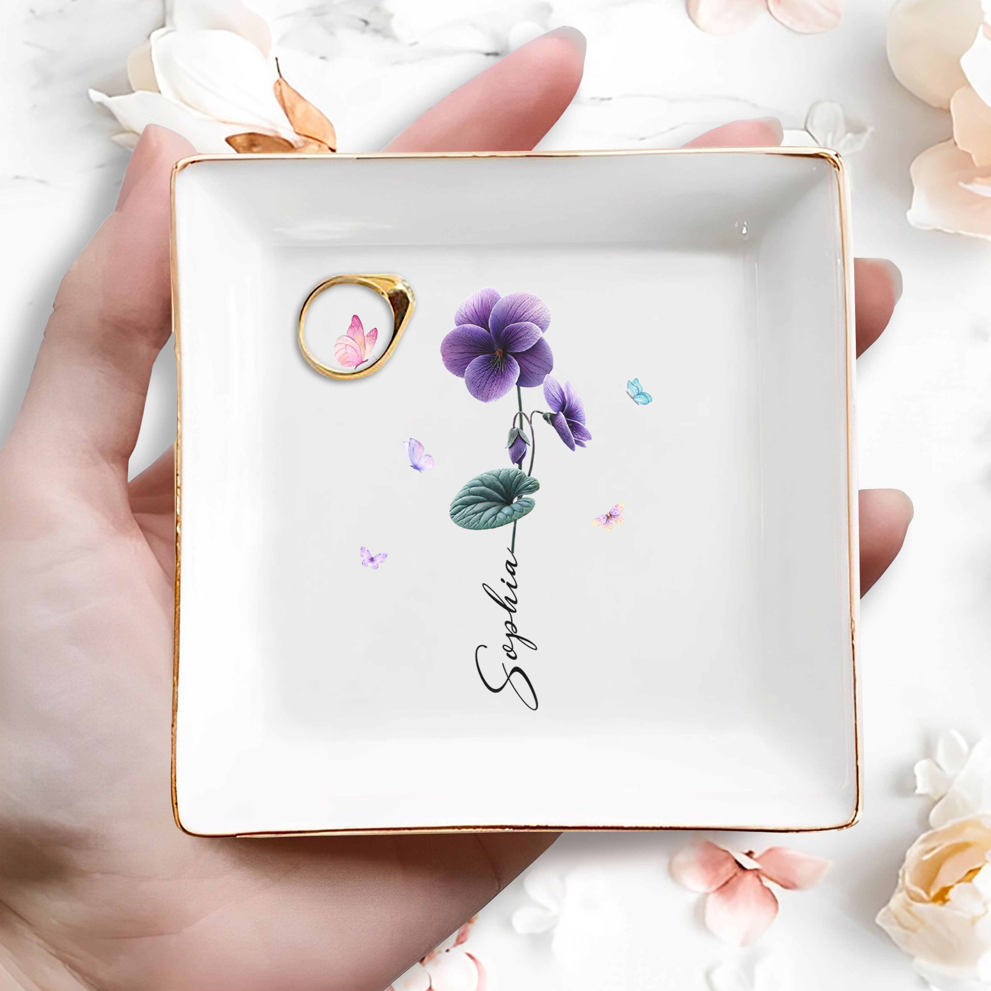 A Beautiful Purple Flower Blooming With Grace And Butterflies Jewelry Dish - Personalized Custom Jewelry Dish, Square Ceramic Dish - DTG079_SCRD