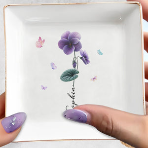 A Beautiful Purple Flower Blooming With Grace And Butterflies Jewelry Dish - Personalized Custom Jewelry Dish, Square Ceramic Dish - DTG079_SCRD