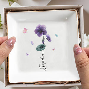 A Beautiful Purple Flower Blooming With Grace And Butterflies Jewelry Dish - Personalized Custom Jewelry Dish, Square Ceramic Dish - DTG079_SCRD