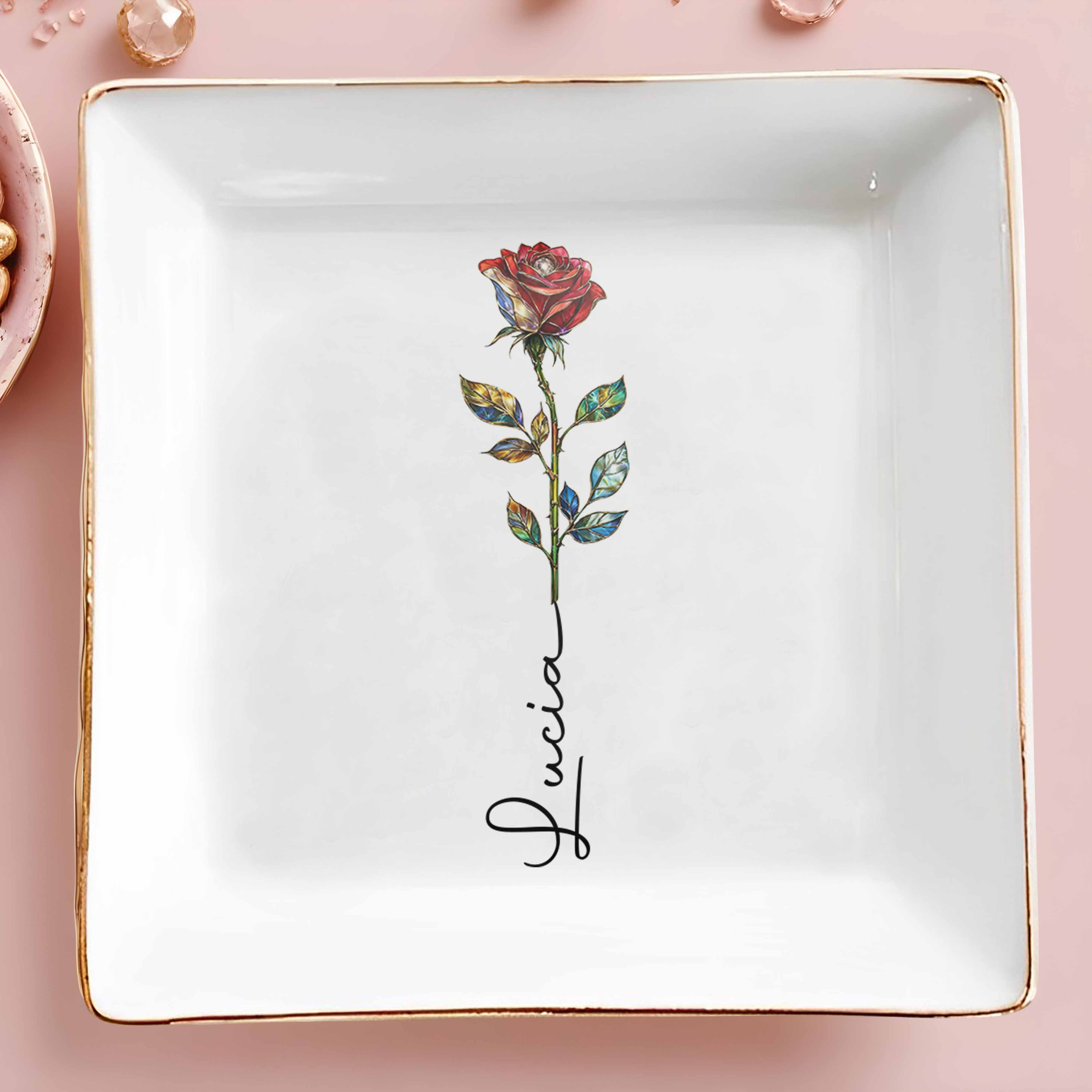 A Beautiful Bloom Custom Name Rose Flower - Personalized Custom Jewelry Dish, Square Ceramic Dish - DTG082_SCRD