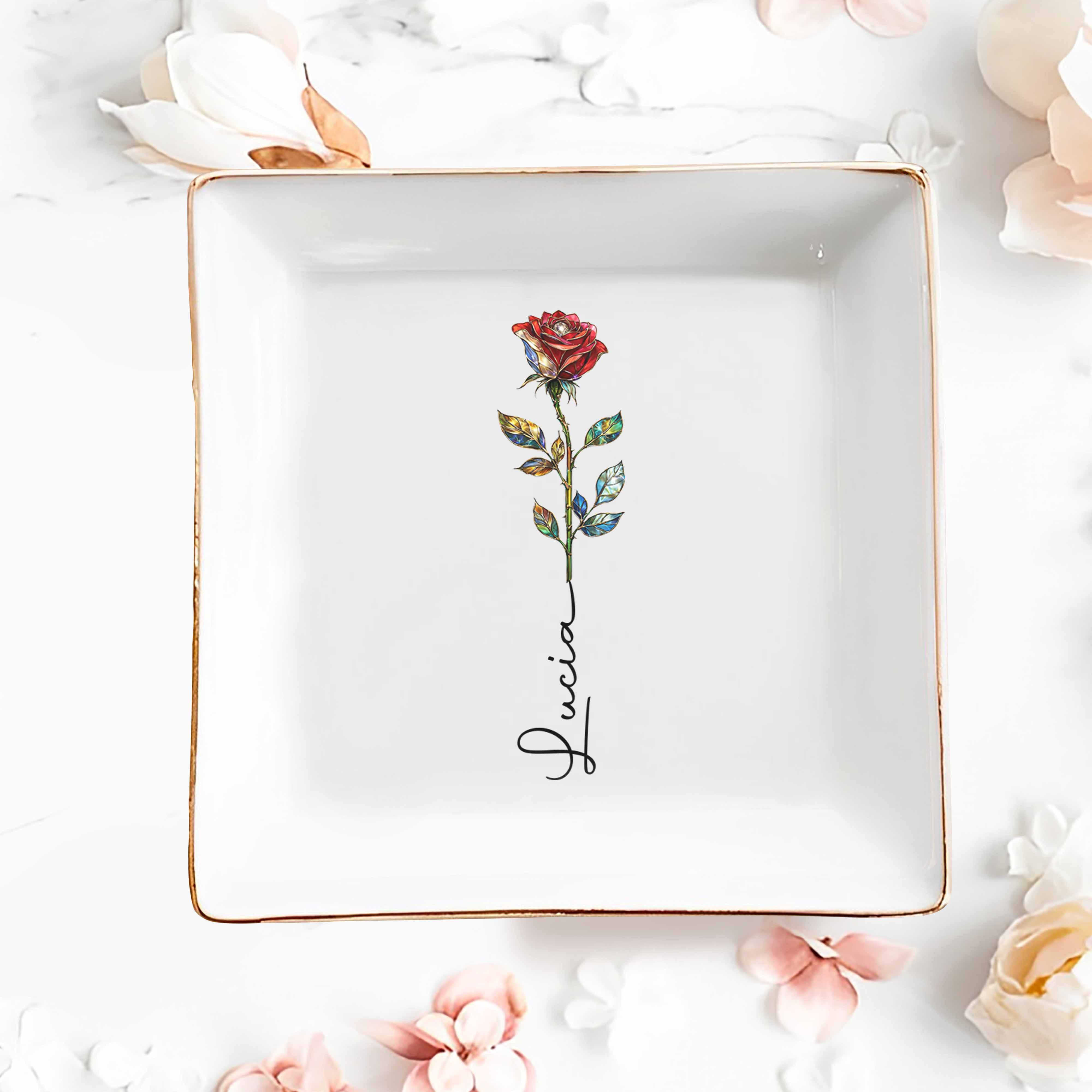 A Beautiful Bloom Custom Name Rose Flower - Personalized Custom Jewelry Dish, Square Ceramic Dish - DTG082_SCRD