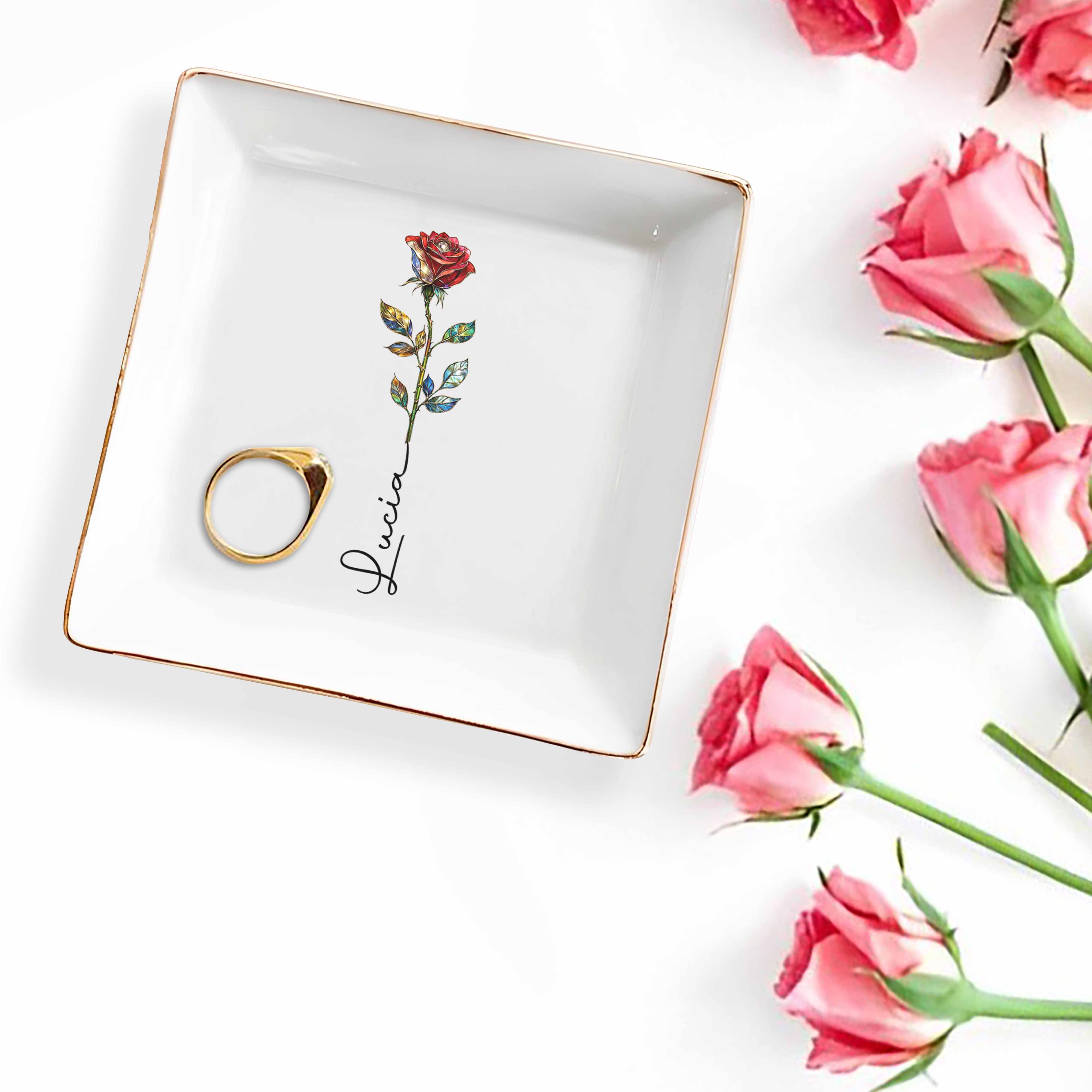A Beautiful Bloom Custom Name Rose Flower - Personalized Custom Jewelry Dish, Square Ceramic Dish - DTG082_SCRD