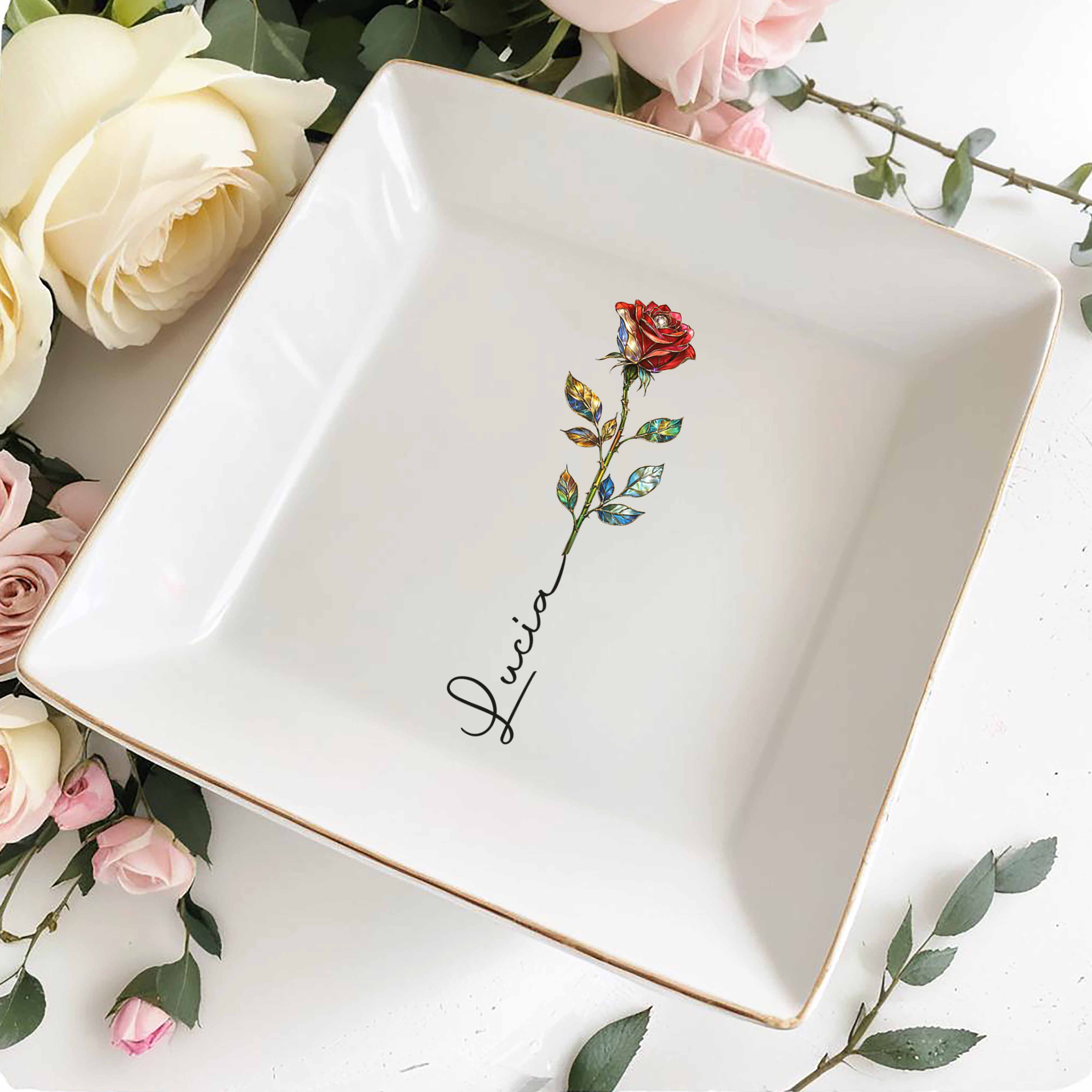A Beautiful Bloom Custom Name Rose Flower - Personalized Custom Jewelry Dish, Square Ceramic Dish - DTG082_SCRD