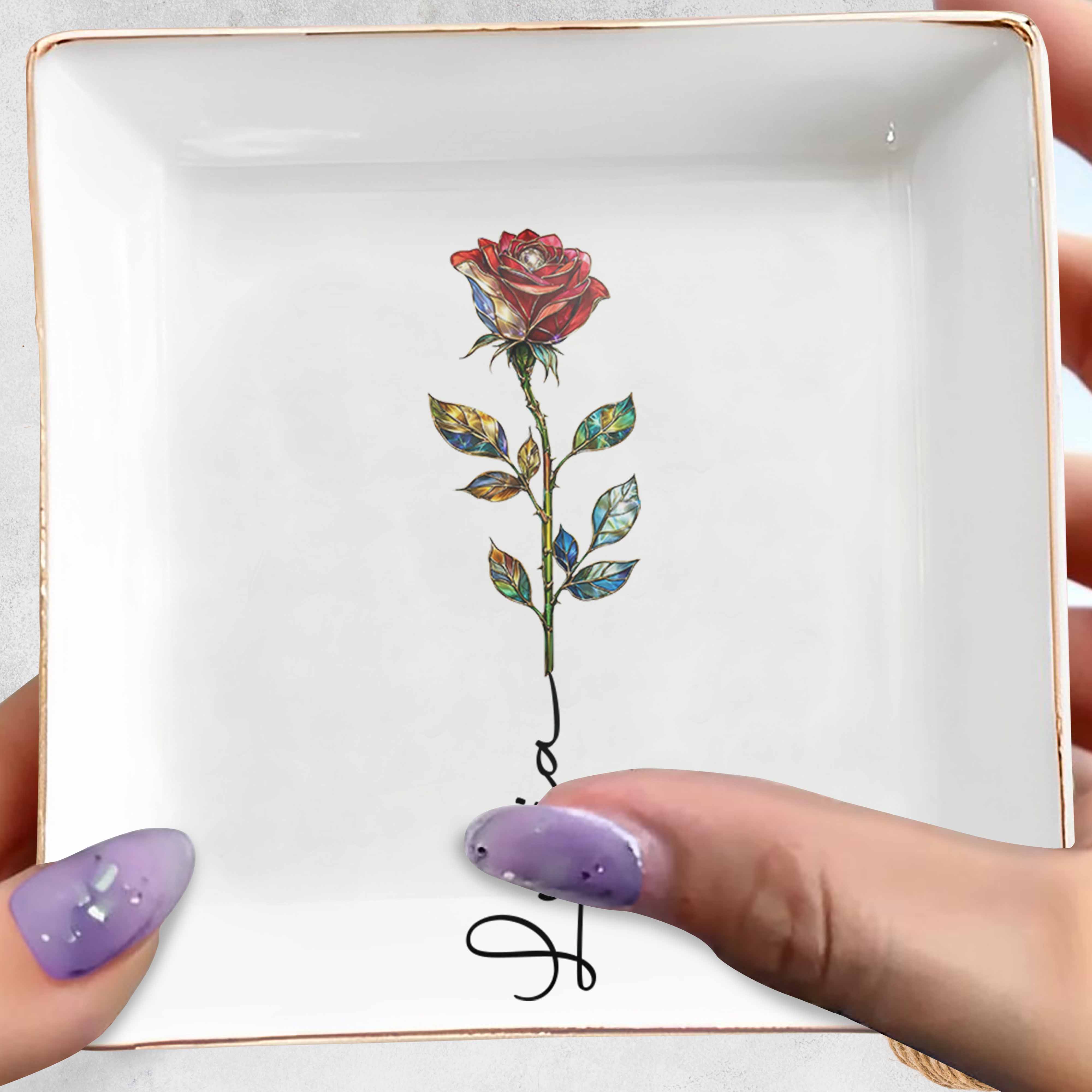 A Beautiful Bloom Custom Name Rose Flower - Personalized Custom Jewelry Dish, Square Ceramic Dish - DTG082_SCRD