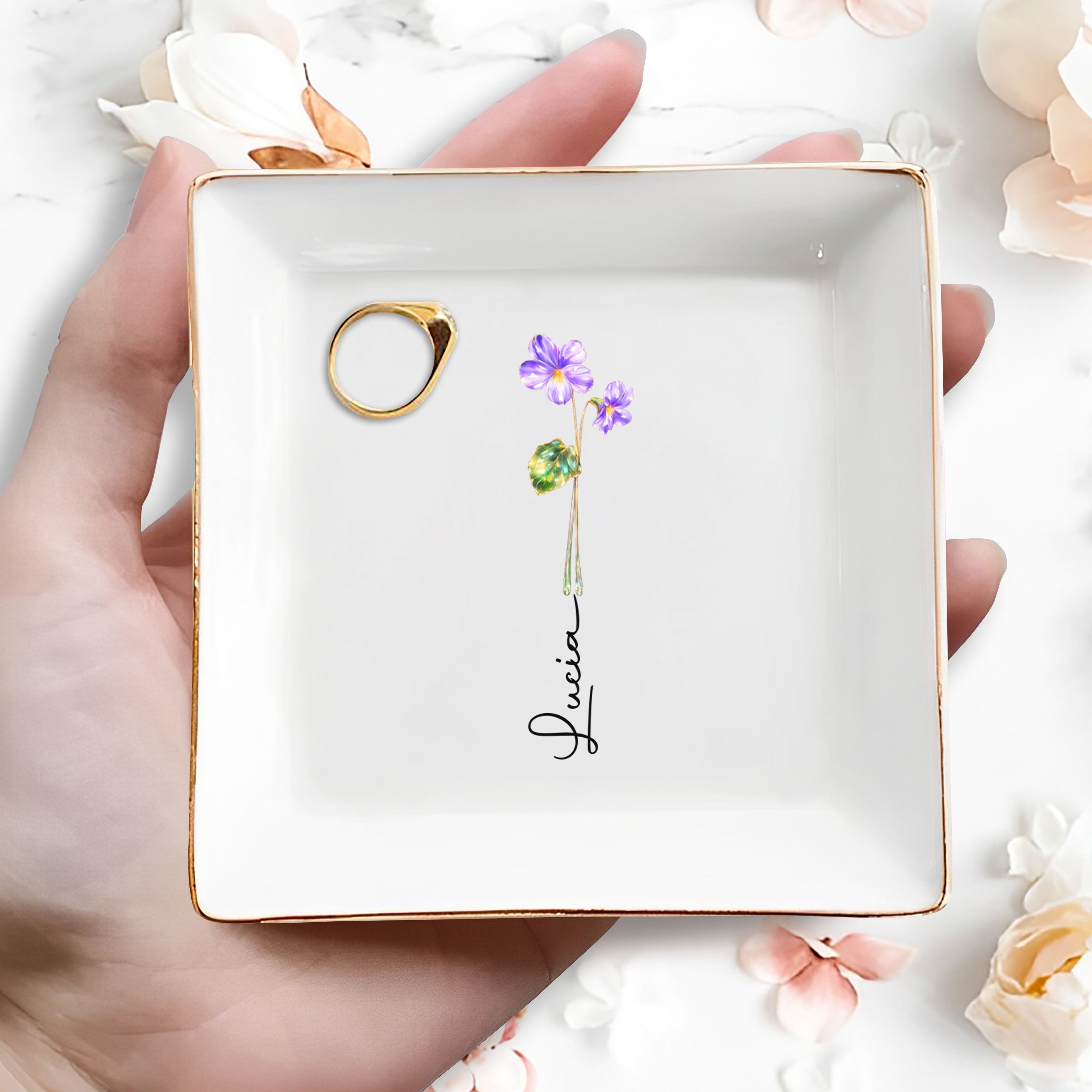 Beautiful Birth Month Flower Custom Name Square Ceramic Dish - Personalized Custom Jewelry Dish, Square Ceramic Dish - DTG084_SCRD