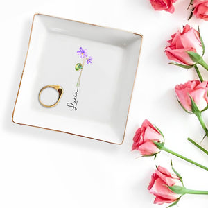 Beautiful Birth Month Flower Custom Name Square Ceramic Dish - Personalized Custom Jewelry Dish, Square Ceramic Dish - DTG084_SCRD