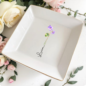 Beautiful Birth Month Flower Custom Name Square Ceramic Dish - Personalized Custom Jewelry Dish, Square Ceramic Dish - DTG084_SCRD