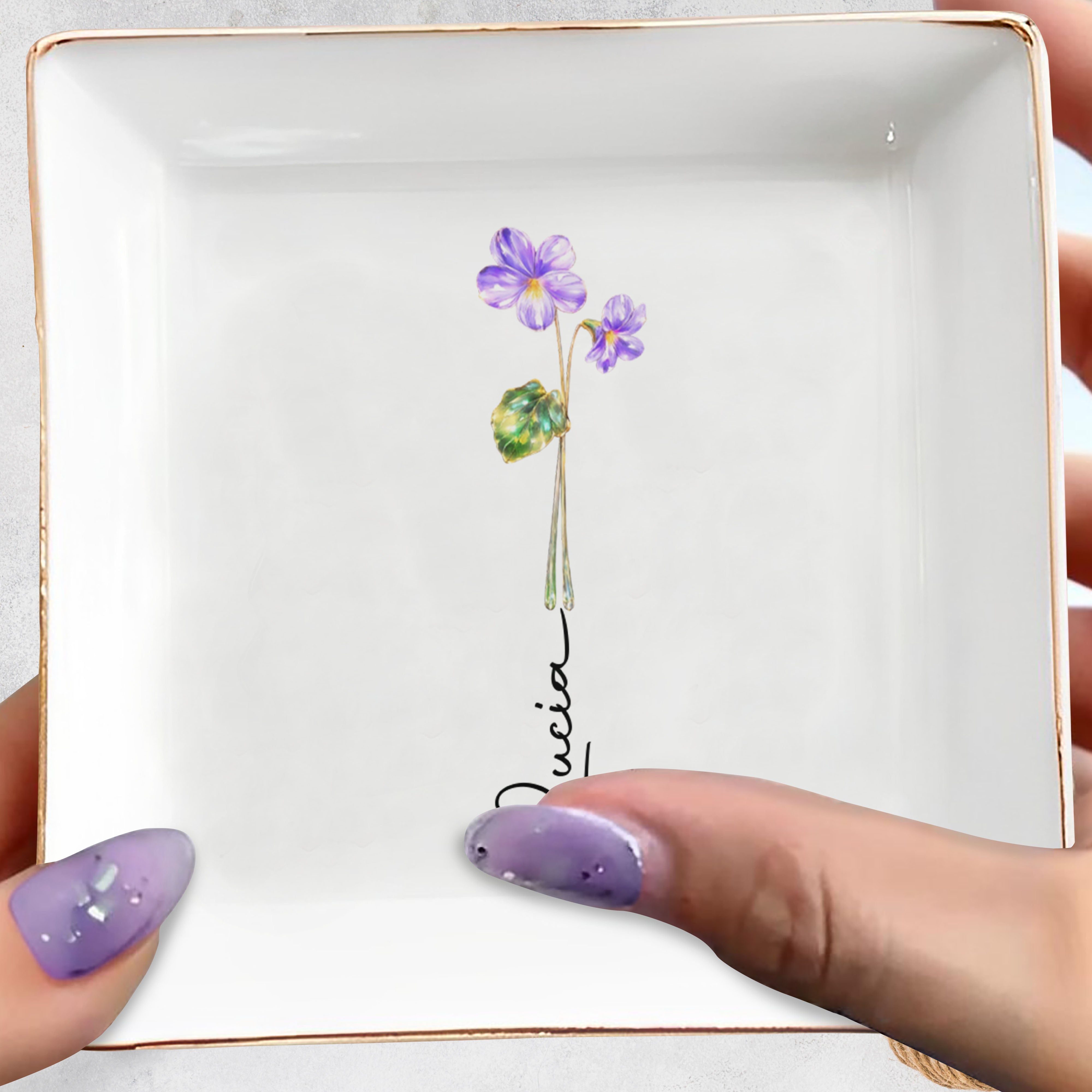 Beautiful Birth Month Flower Custom Name Square Ceramic Dish - Personalized Custom Jewelry Dish, Square Ceramic Dish - DTG084_SCRD