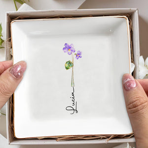Beautiful Birth Month Flower Custom Name Square Ceramic Dish - Personalized Custom Jewelry Dish, Square Ceramic Dish - DTG084_SCRD
